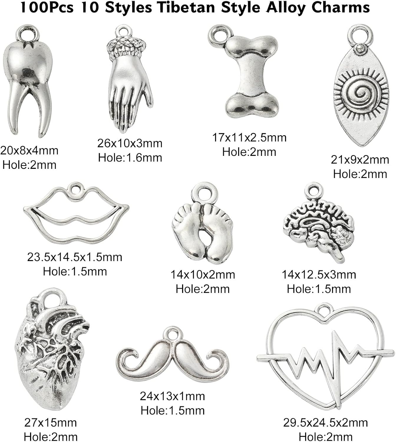 KitBeads 100 dijes tibetanos para partes del cuerpo, estilos mixtos, corazón, pie, hueso, diente, labio, cerebro, dijes de plata antigua para hacer