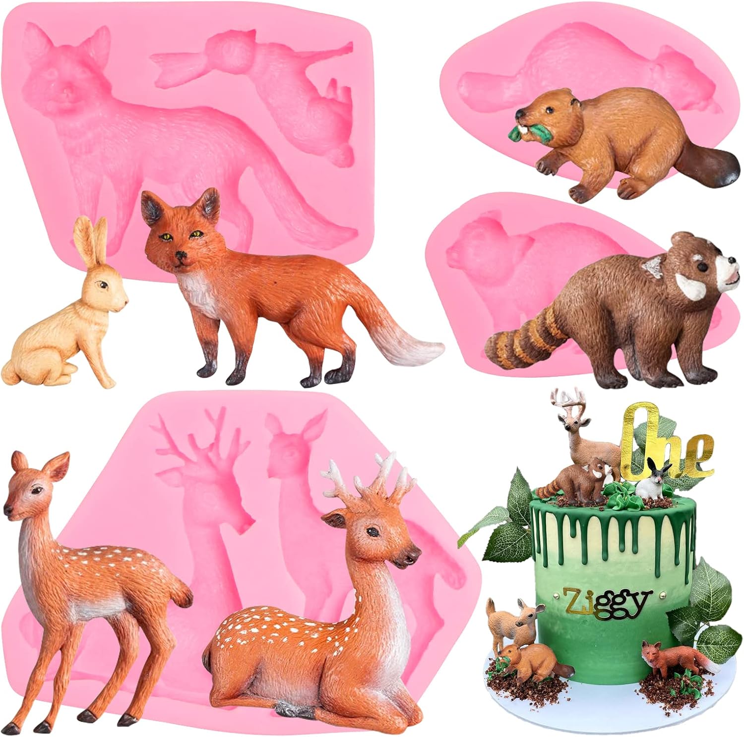 Molde de silicona para fondant de conejo de zorro, molde de chocolate de ciervos sika, alce de bosque, castor de mapache, moldes para hornear