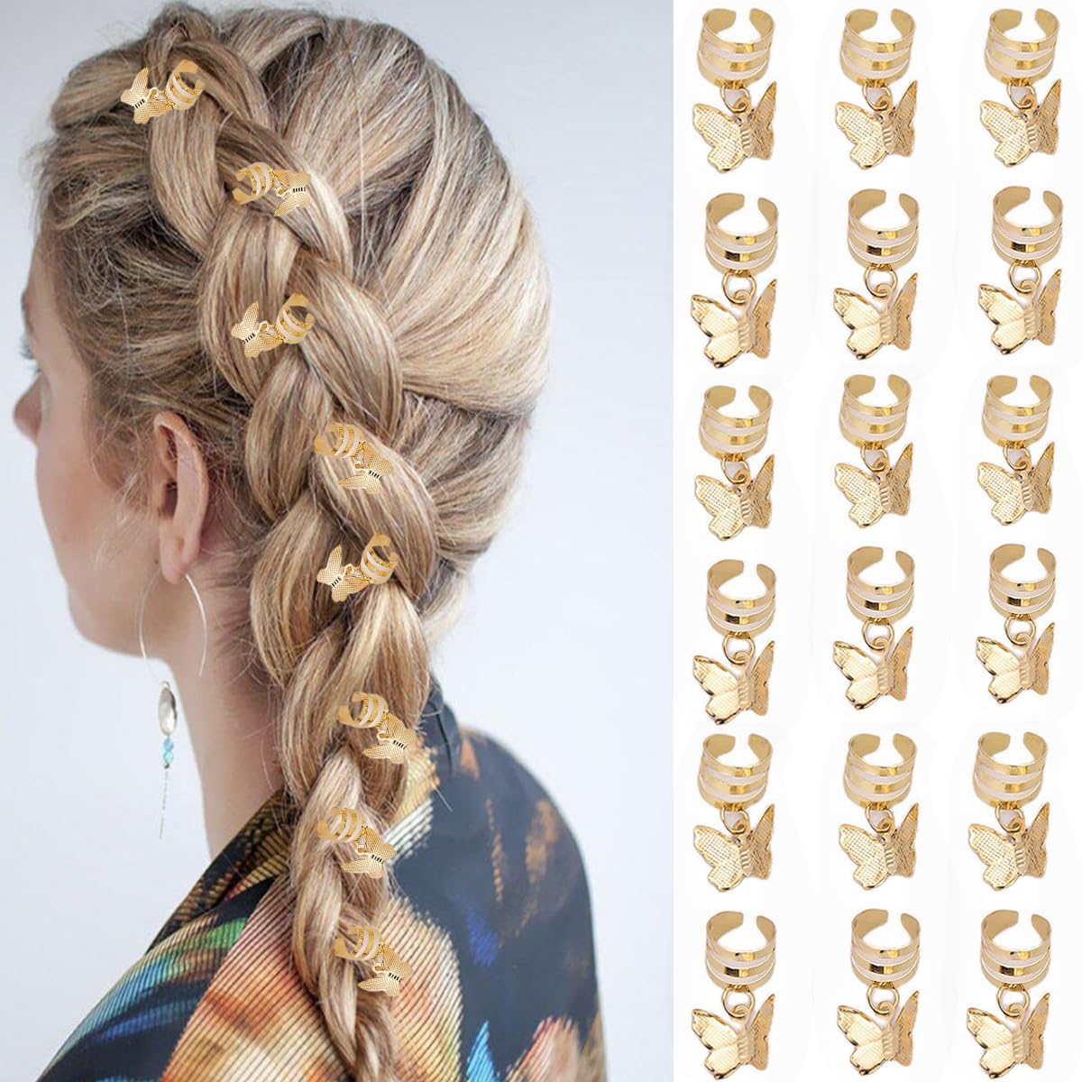 20 piezas de pulseras de pelo de mariposa doradas, cuentas de rastas ajustables, colgantes de metal, trenzas, clips para mujeres y niñas, accesorios