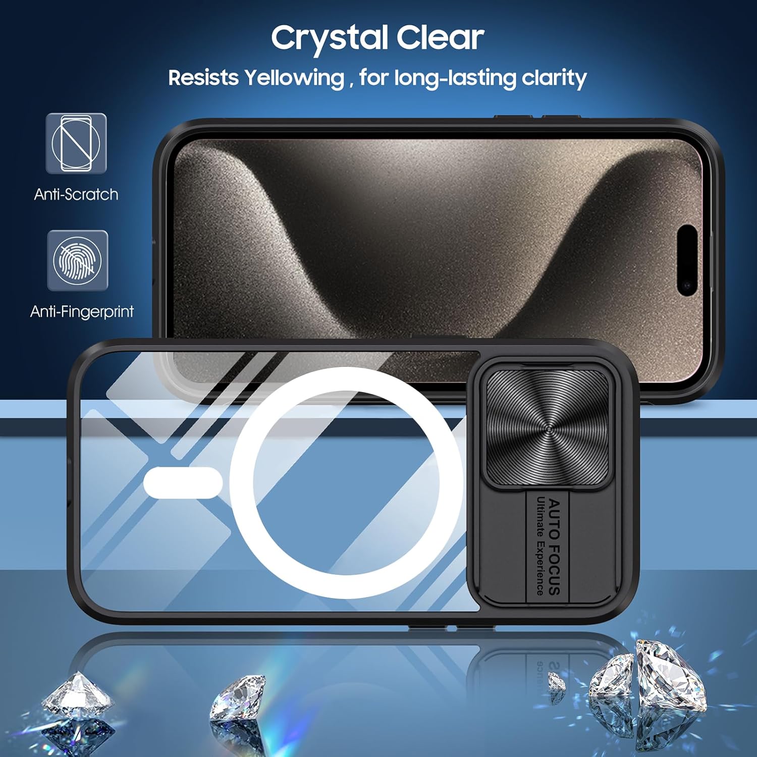 Tcaraersing Funda transparente para iPhone 15 Pro con cubierta de lente de cámara deslizante, compatible con MagSafe, antideslizante, delgada,