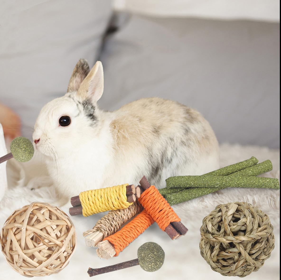 Juguetes de conejo, juguetes de conejo, 26 piezas de palitos de heno naturales Timothy de madera de manzana, hechos a mano para conejillo de indias,