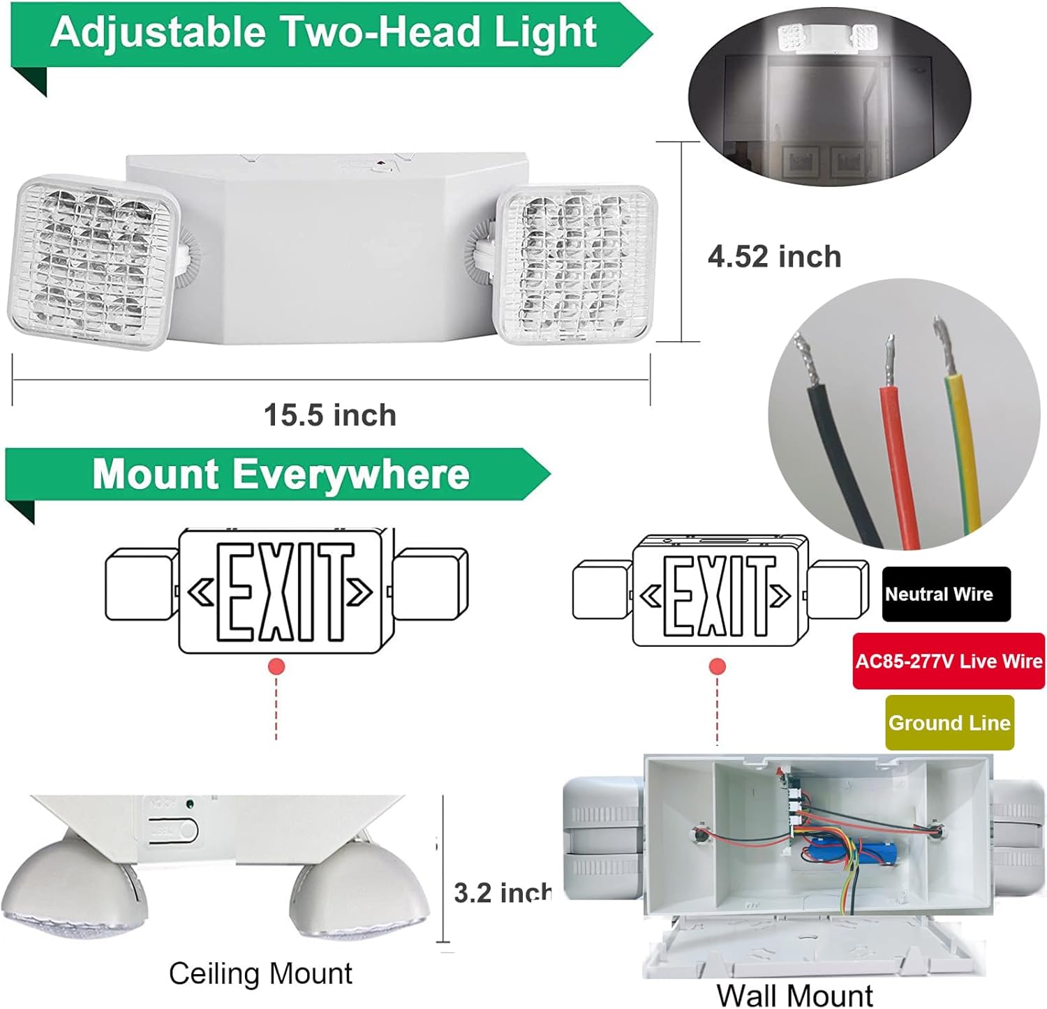 Luz de emergencia LED con batería de respaldo, dos cabezales LED ajustables, luz de emergencia comercial, 110-277 V CA, luz de emergencia con