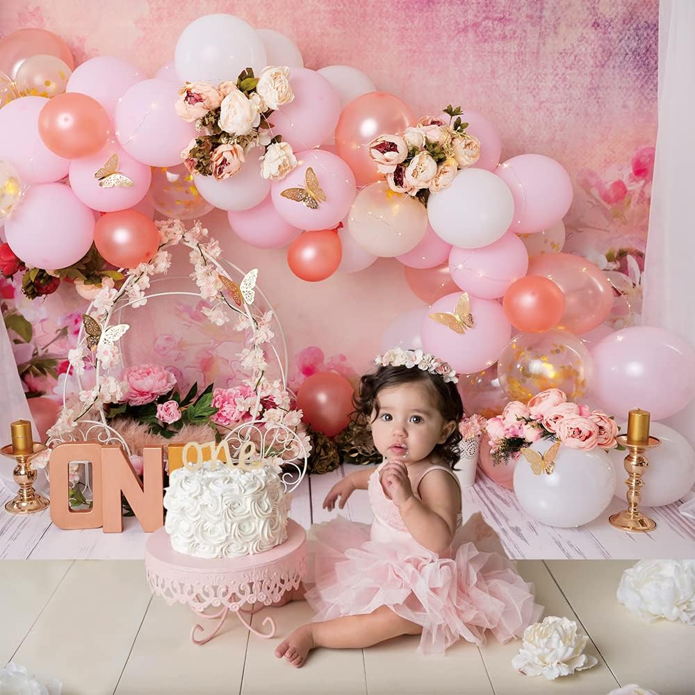Bellicremas Mariposas Oro Rosa Primer Cumpleaños Fotografía Fondo Princesa Tema Flores Rosa Carruaje Niñas 1er Cumpleaños Fondo de Un Año Antiguo