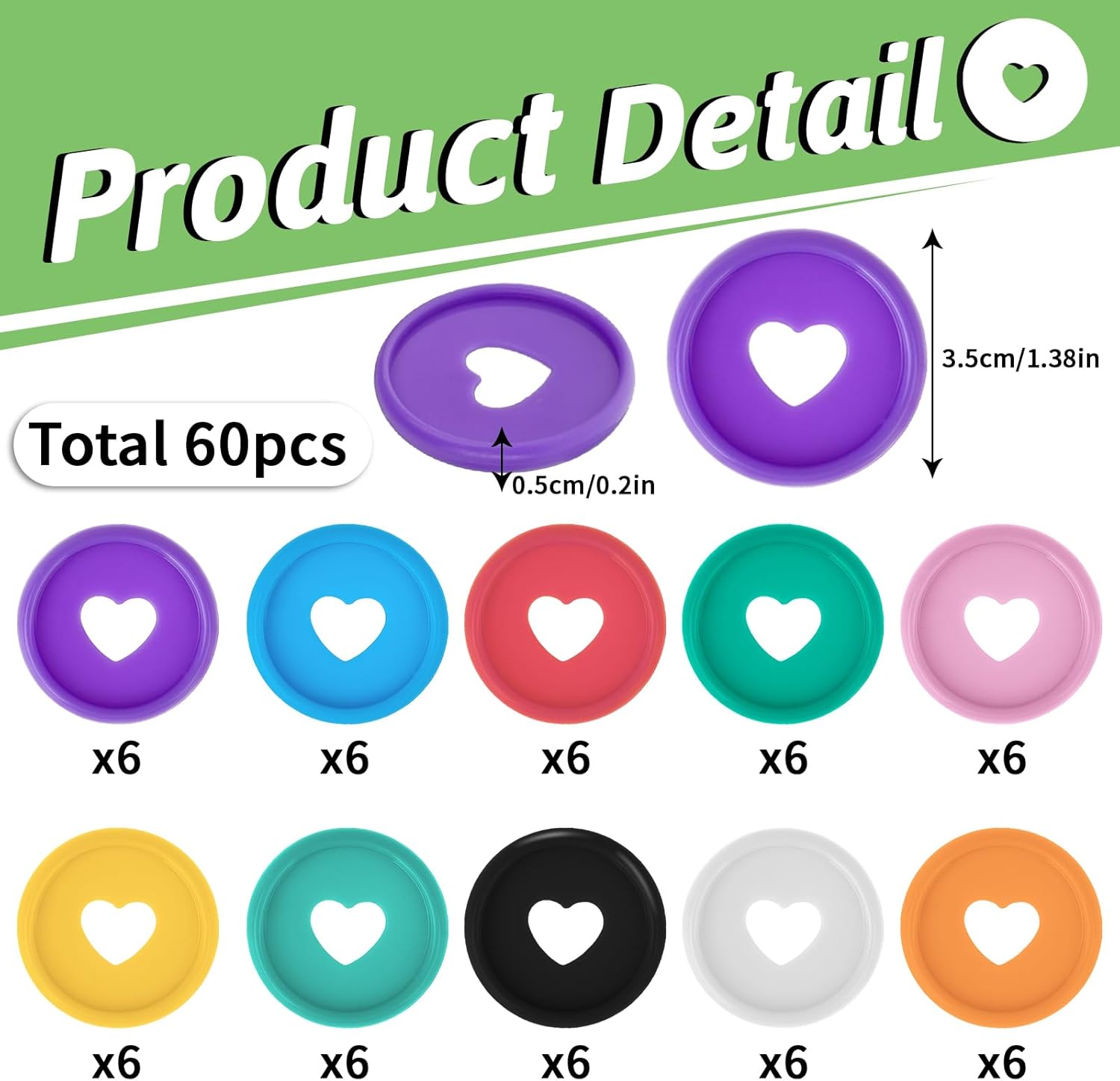 60 discos de plástico para carpeta de hojas sueltas, 10 colores de 1.4 pulgadas, discos expansores de plástico con forma de corazón de 1.4 pulgadas,