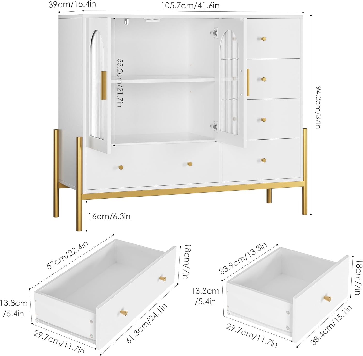 Aparador de buffet con almacenamiento, aparador de buffet, gabinete de barra de café con puertas de vidrio estriado y patas doradas, armarios de