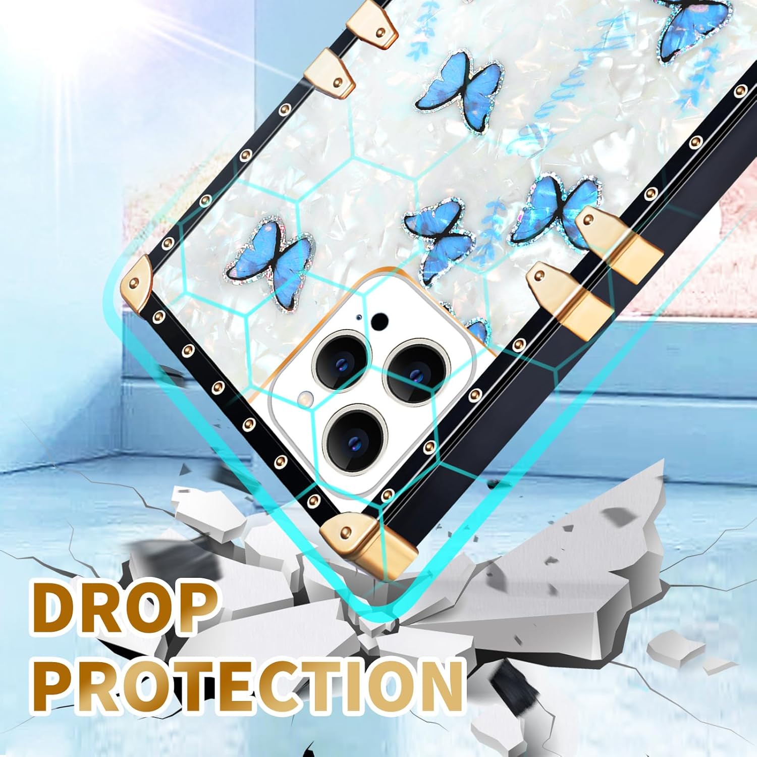 Loheckle Funda para iPhone 15 Pro Max para mujeres y adolescentes, diseño cuadrado a la moda, lindas fundas con soporte de anillo y cordón, elegante