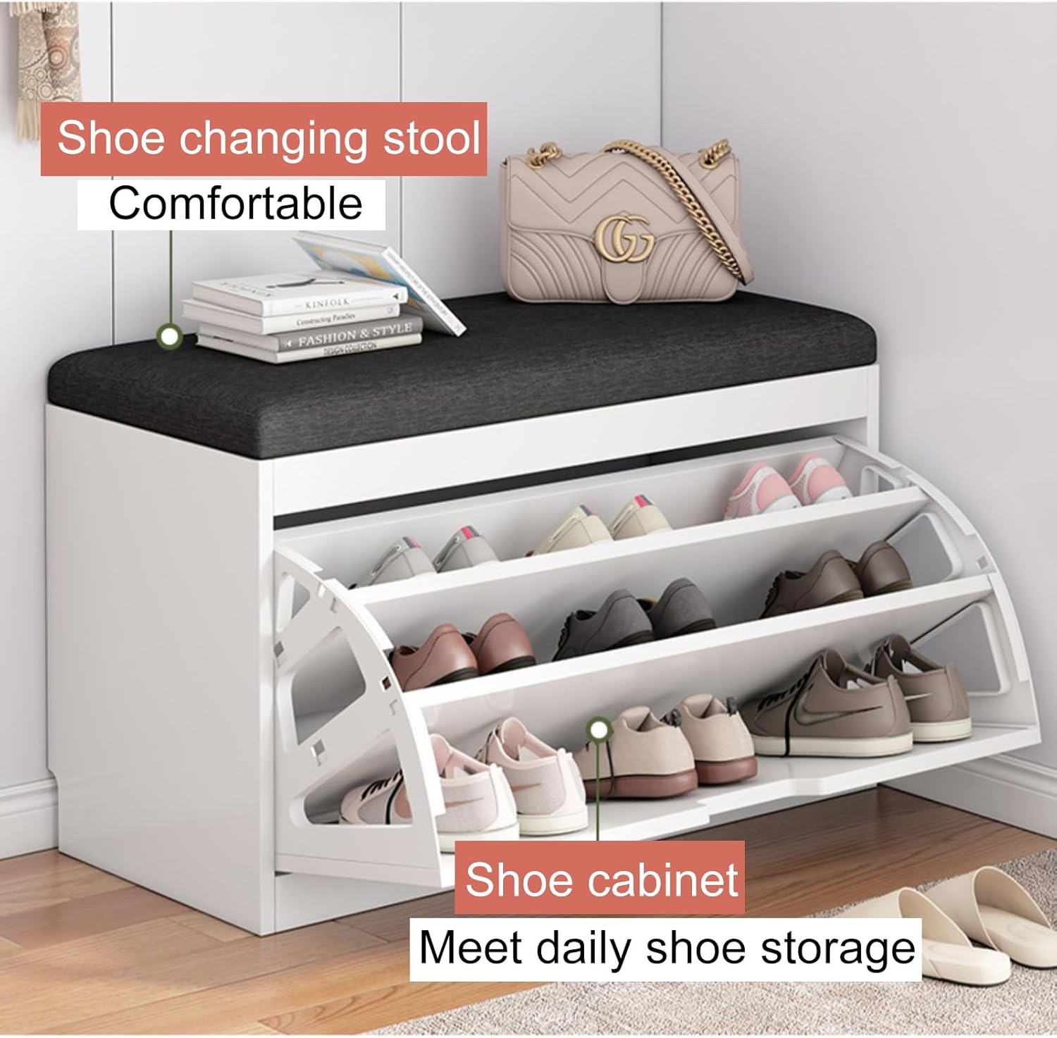 Banco de zapatos, banco con almacenamiento de zapatos, banco de entrada superior con cojín extraíble, zapatero de madera con cajón de almacenamiento