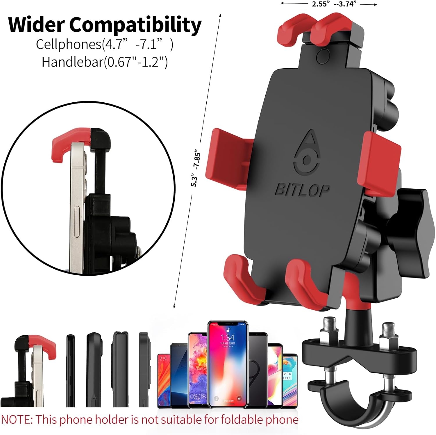 Soporte de teléfono para motocicleta con amortiguador de vibraciones, soporte de teléfono de motocicleta de 360 para 4.7″-7.1″, nailon súper estable