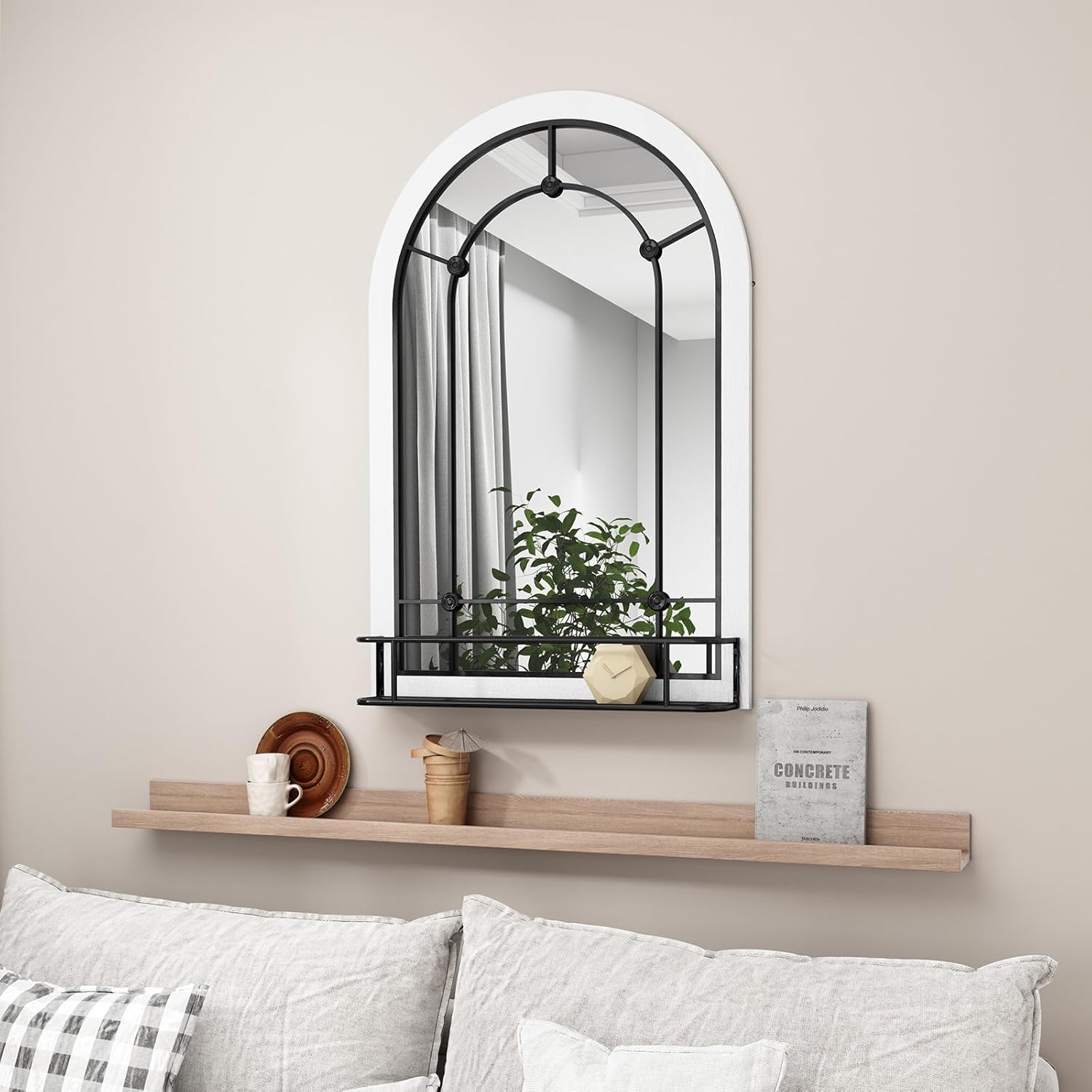 AZODY Espejo de pared de ventana arqueada con estante, espejo de entrada colgante blanco de 36 x 24 pulgadas, espejos decorativos para decoración de