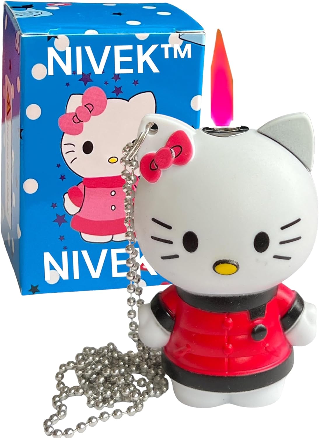 NIVEK Kitty – Encendedor 3D con llama rosa, encendedor Kawaii, gato, KT, anime, Y2K, cadena colgante desmontable (rojo)