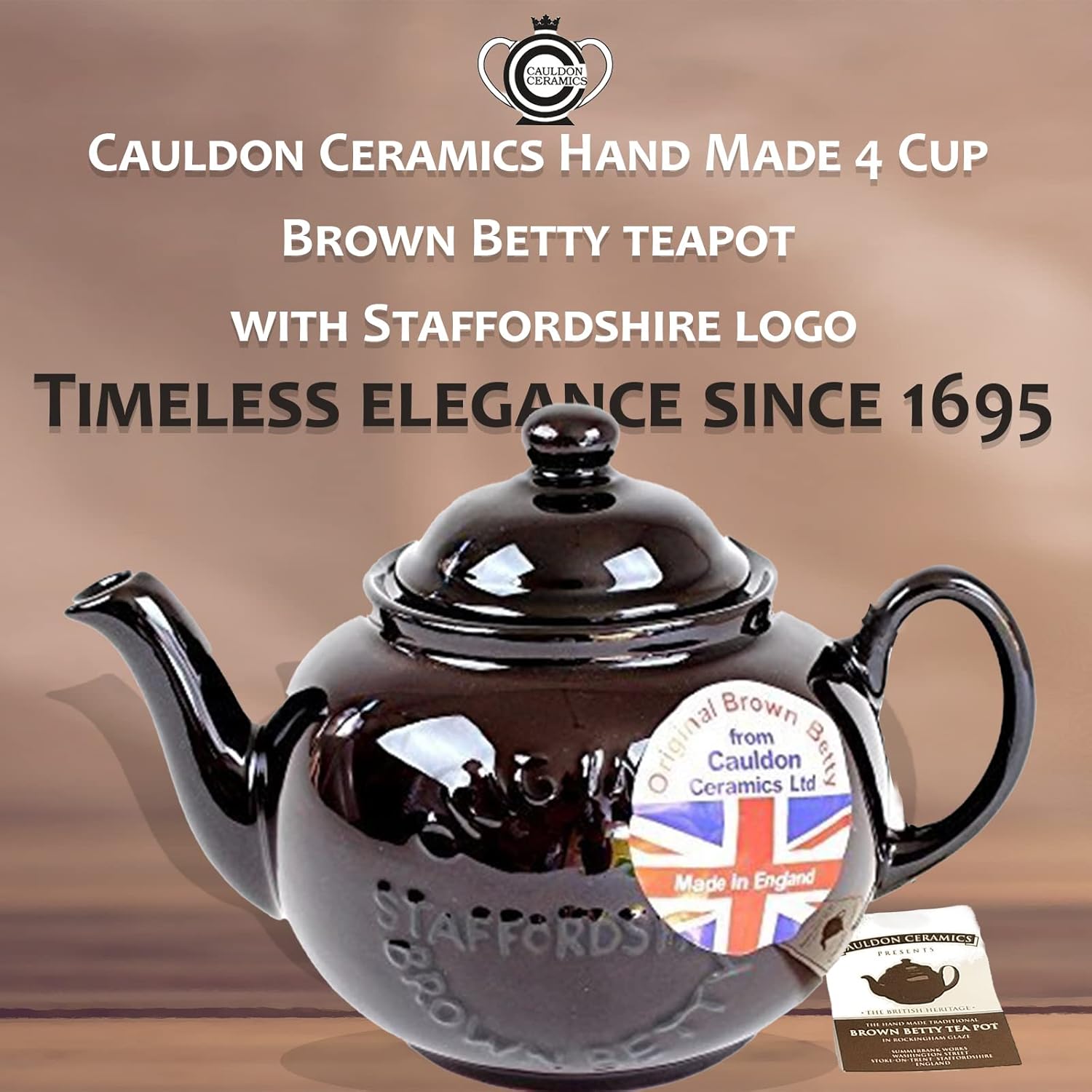 Cauldon Ceramics Classic Brown Betty Tea Pot  Tetera Betty marrón de 4 tazas hecha a mano con logotipo, fabricada con arcilla roja Staffordshire,