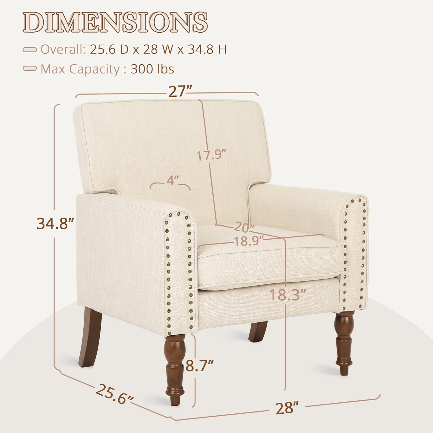 LUE BONA Sillas decorativas de tela de lino, sillas tapizadas beige para sala de estar con ribete de cabeza de clavo, acogedora silla con brazo para