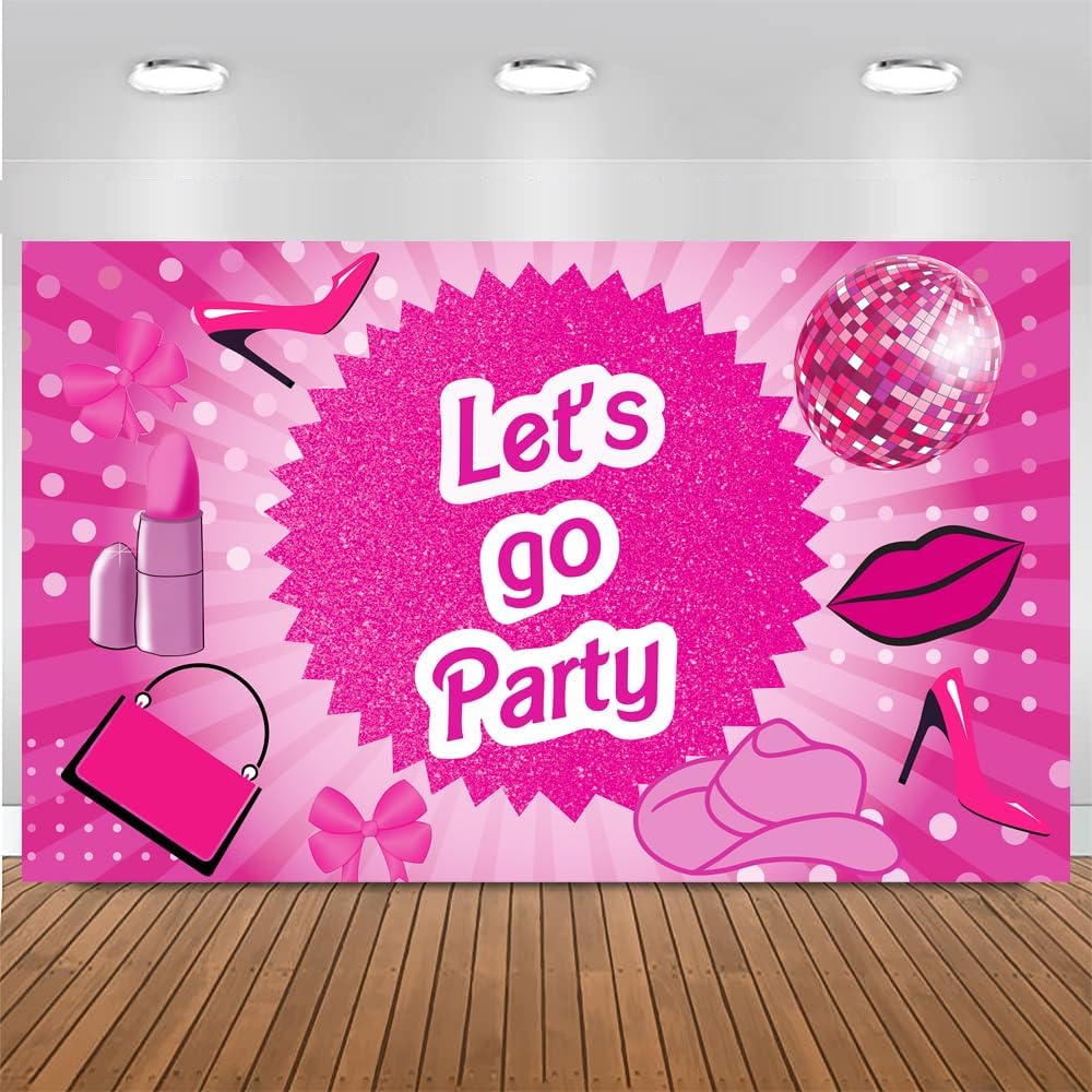 Cartel de fiesta con texto en inglés “Let’s Go” de color rosa intenso, cartel con temática de princesa, marco de fotos, fondo de fotografía para