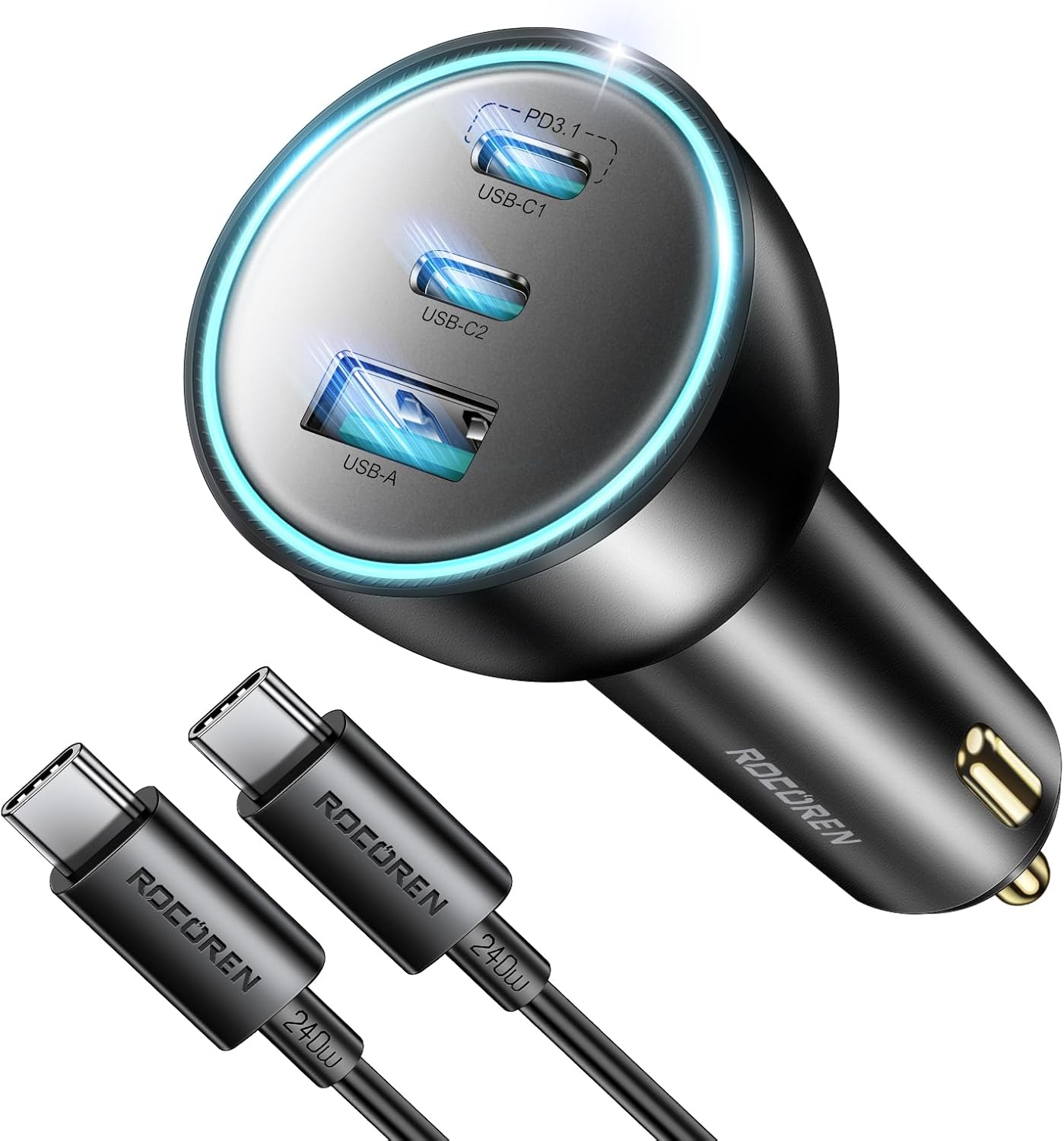 Rocoren Cargador de coche USB C de 165 W, PD3.1 140WPD3.0 100 W tipo C, cargador USB QC5 de carga súper rápida con cable de 240 W para MacBook Pro,