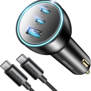 Rocoren Cargador de coche USB C de 165 W, PD3.1 140WPD3.0 100 W tipo C, cargador USB QC5 de carga súper rápida con cable de 240 W para MacBook Pro, Rocoren Cargador de coche USB C de 165 W, PD3.1 140WPD3.0 100 W tipo C, cargador USB QC5 de carga súper rápida con cable de 240 W para MacBook Pro,