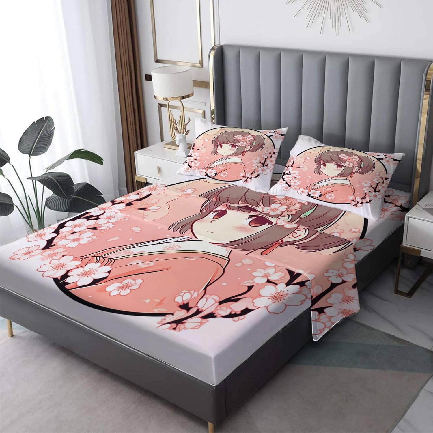 Juego de sábanas con estampado de flor de cerezo tamaño King, sábanas de anime Sakura, sábanas y fundas de almohada estampadas de 4 piezas, sábana