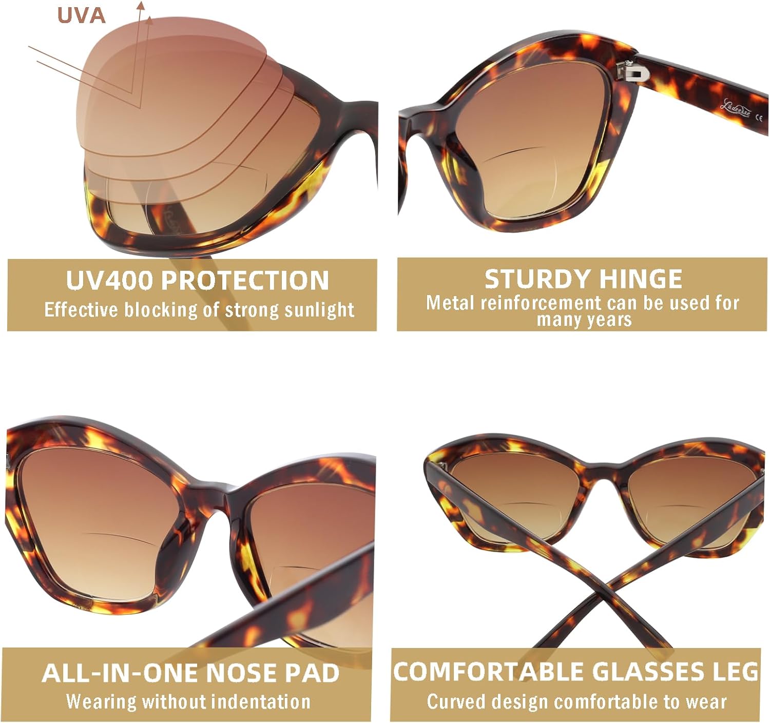 Paquete de 4 lentes de sol de lectura bifocales para mujer, lentes de lectura para exteriores, protección UV400 + 2.50