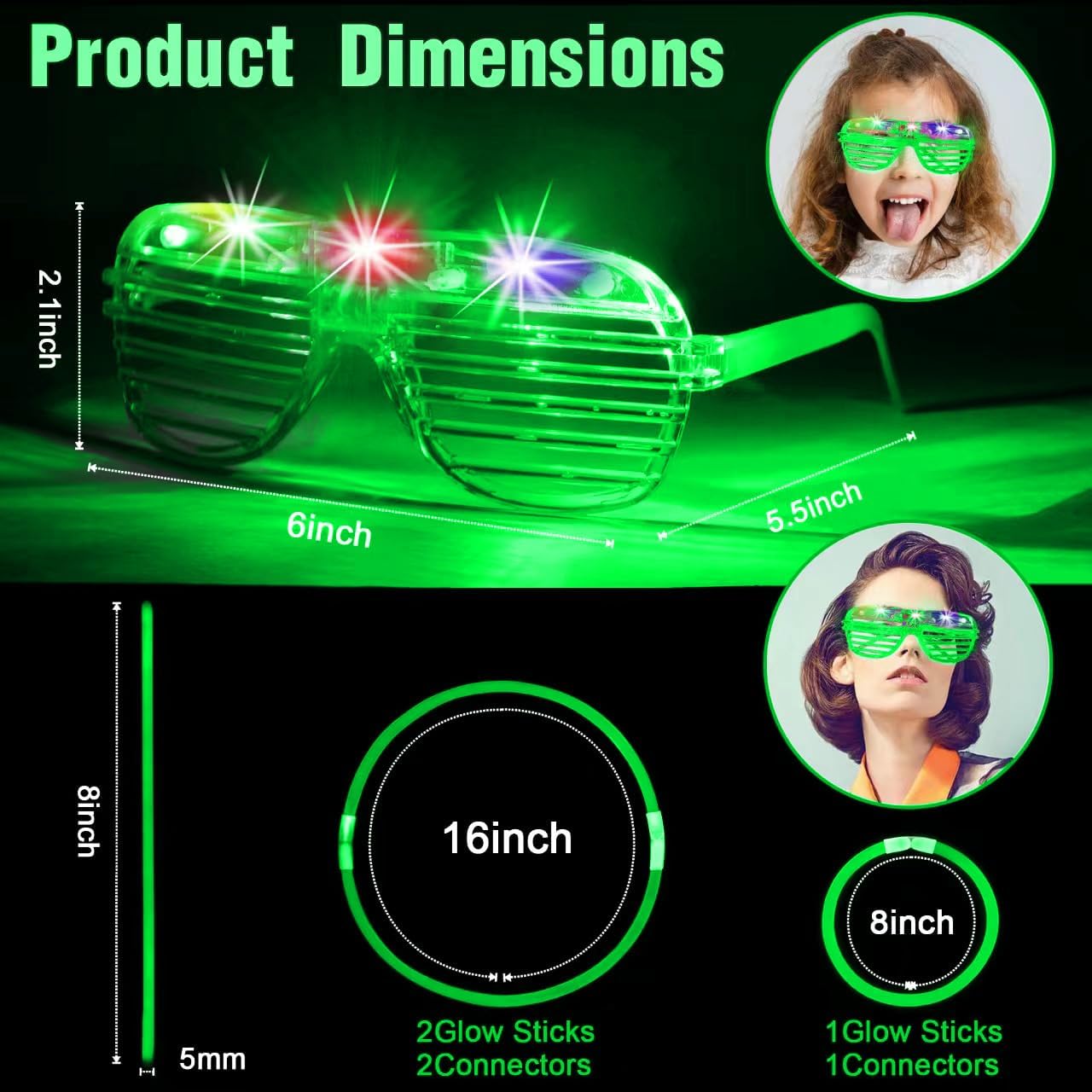 115 piezas de suministros de fiesta que brillan en la oscuridad, 100 collares verdes brillantes a granel, 15 lentes LED para el 4 de julio, juguete