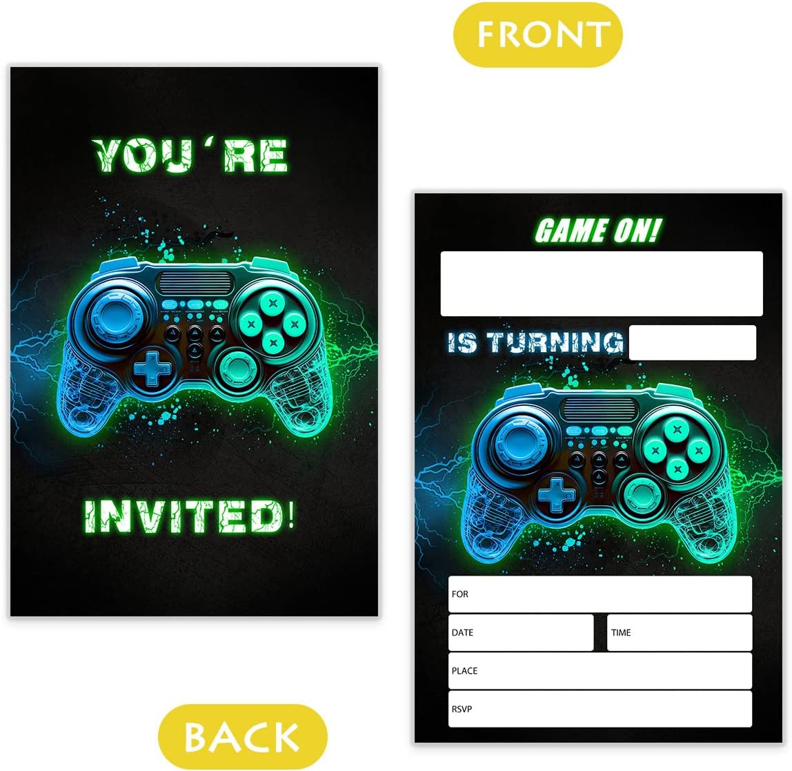 Invitación de fiesta de cumpleaños de videojuegos, invitación de cumpleaños para niños y niñas, invitación verde y azul brillante, juegos, fiesta de