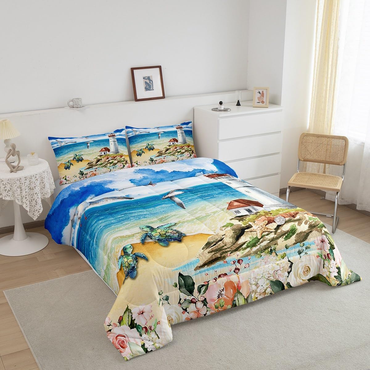 Juego de edredón con diseño de faro de mar, tamaño individual, juego de ropa de cama de animales de tortuga, pájaros, océano, azul, para niños y