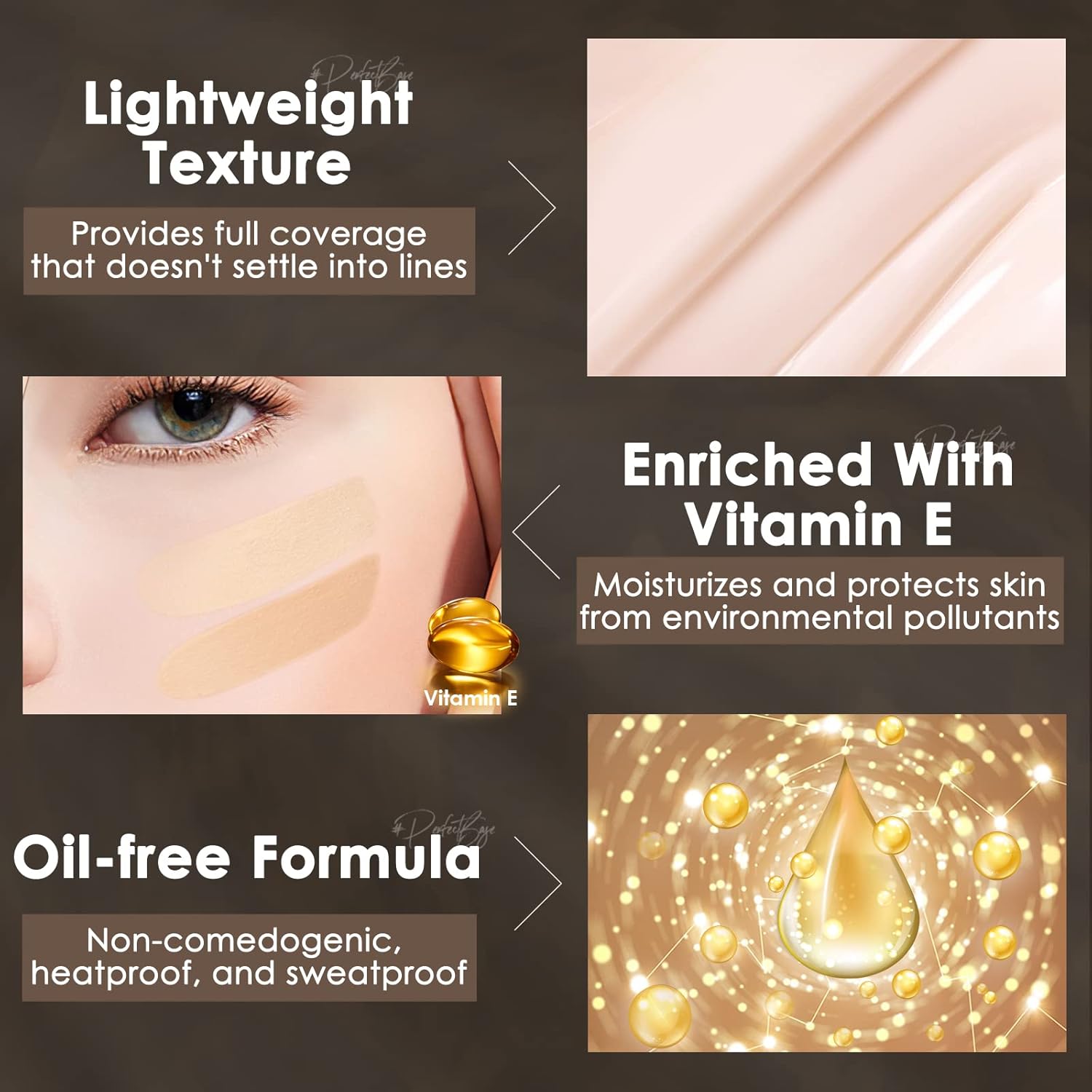 FOCALLURE PerfectBase líquida duradera sin poros, cobertura media a completa con acabado mate, cubre manchas y círculos debajo de los ojos para todo