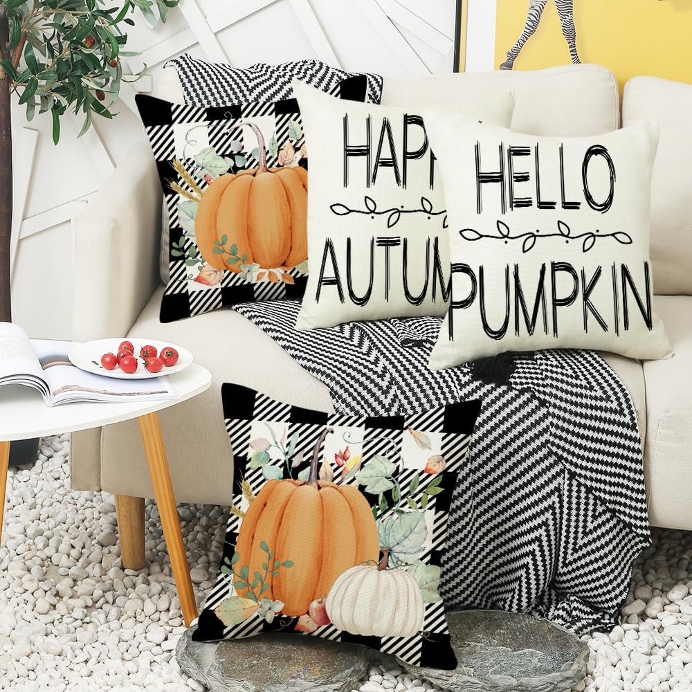Juego de 4 fundas de almohada de otoño de 18 x 18 pulgadas para decoración de otoño, decoración de otoño, calabaza, hoja de arce y Acción de