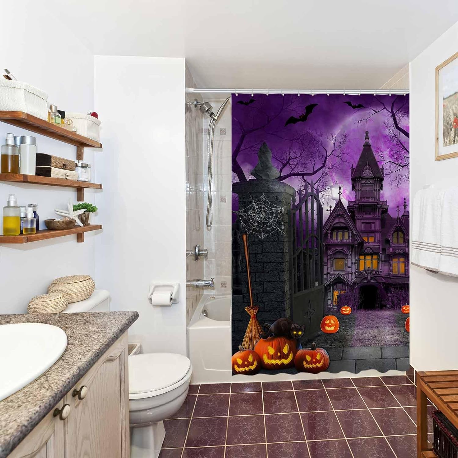 Allenjoy Cortina de ducha de Halloween de 72 x 72 pulgadas para baño, juego de cortina de ducha de noche aterradora, luna gótica, casa encantada,