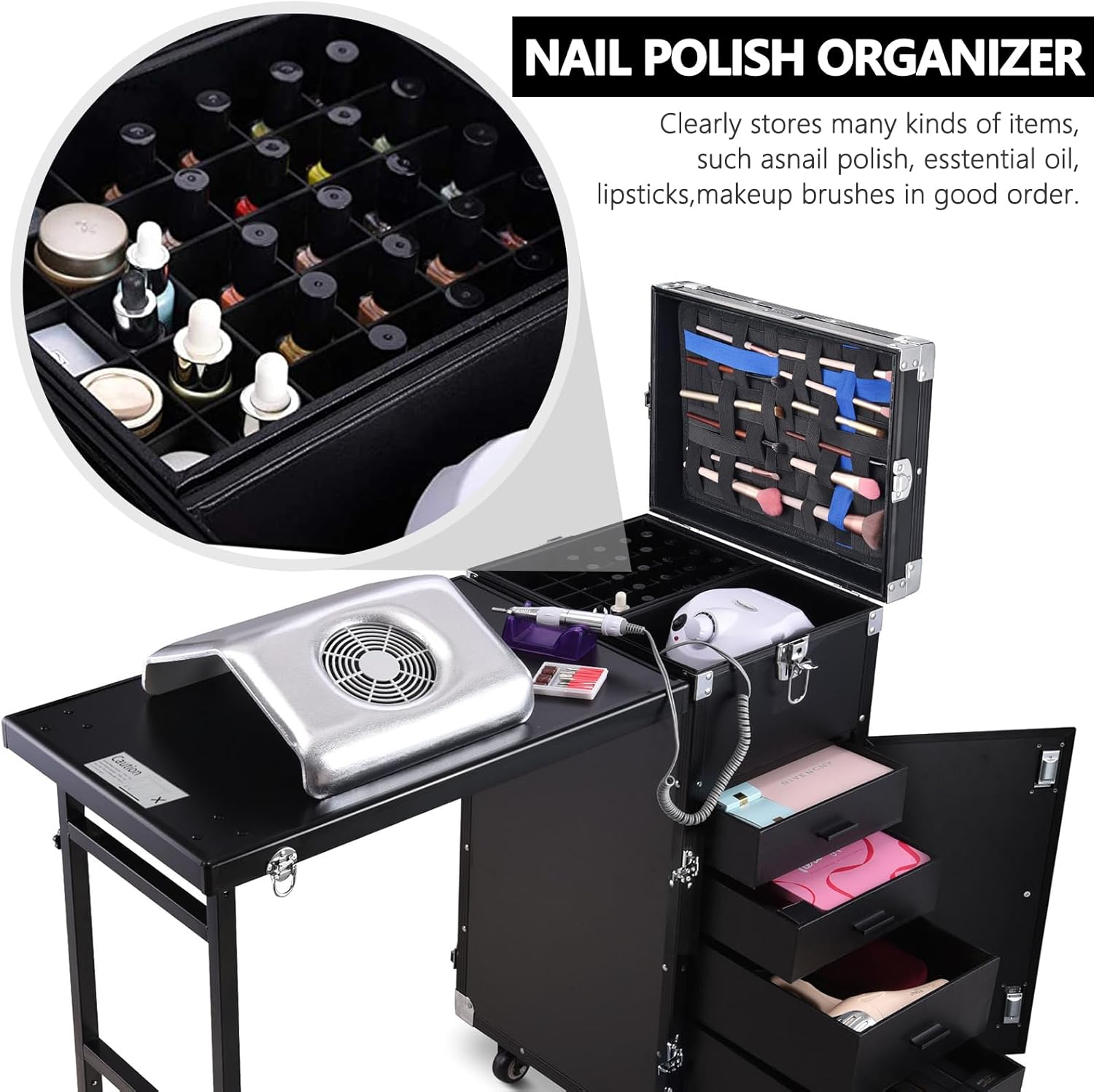 Mesa de manicura rodante, escritorio de uñas, estuche de tren de maquillaje, carrito de cosméticos de viaje para técnico, salón de maquillaje con 4