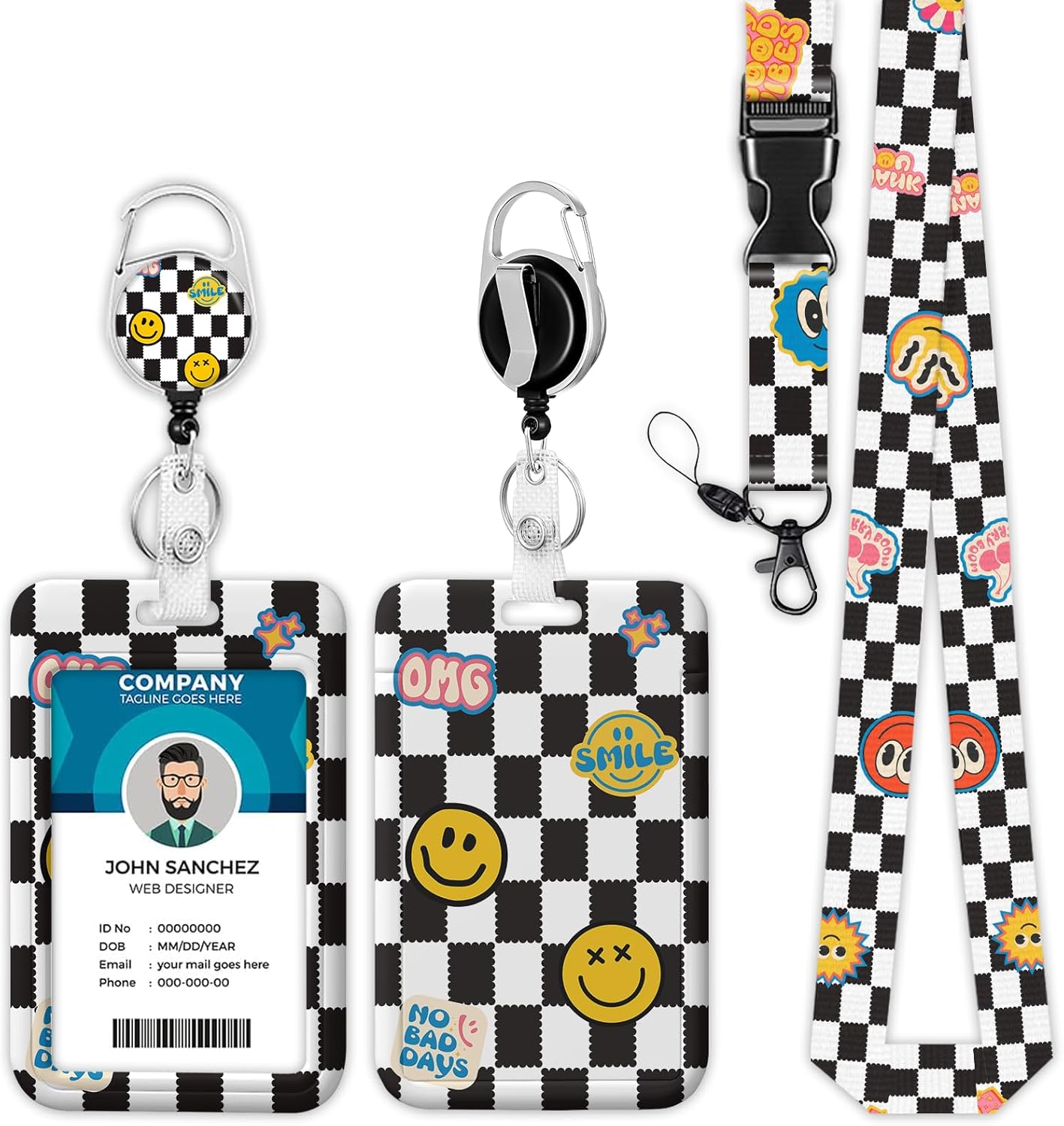 Cordones de cara sonriente para insignias de identificación para mujer, lindo soporte de rejilla en blanco y negro con soporte retráctil de cordón,
