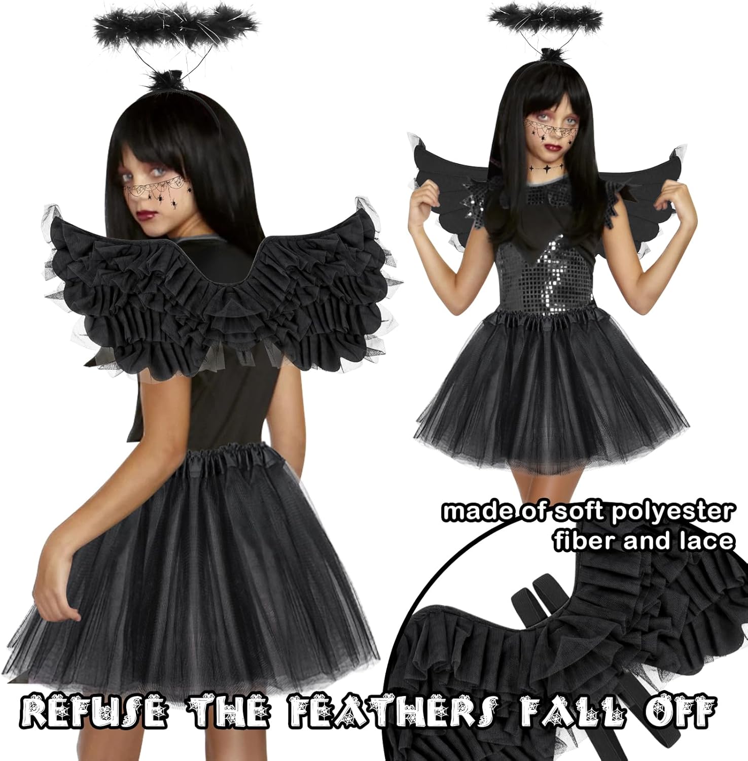 SelfTek 5 piezas de disfraz de ángel caído para niñas, alas de ángel oscuras negras y halo, falda tutú para niños de 3 a 12 años, vestido de cosplay