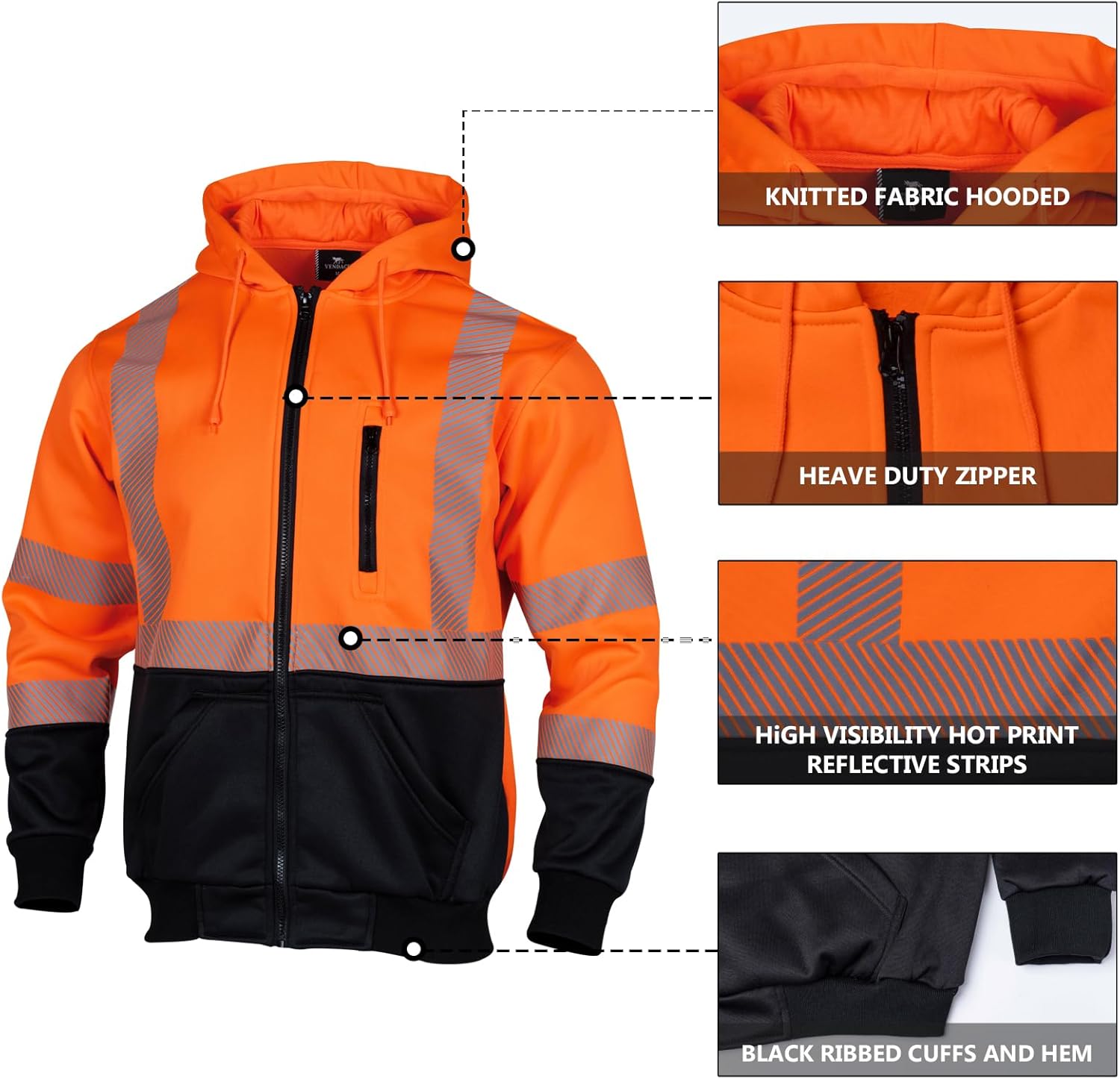 VENDACE Alta visibilidad ANSI Clase 3 Reflectante de Seguridad Fleece Sudadera con capucha para hombres Hi Vis Sudaderas Chaqueta con cremallera