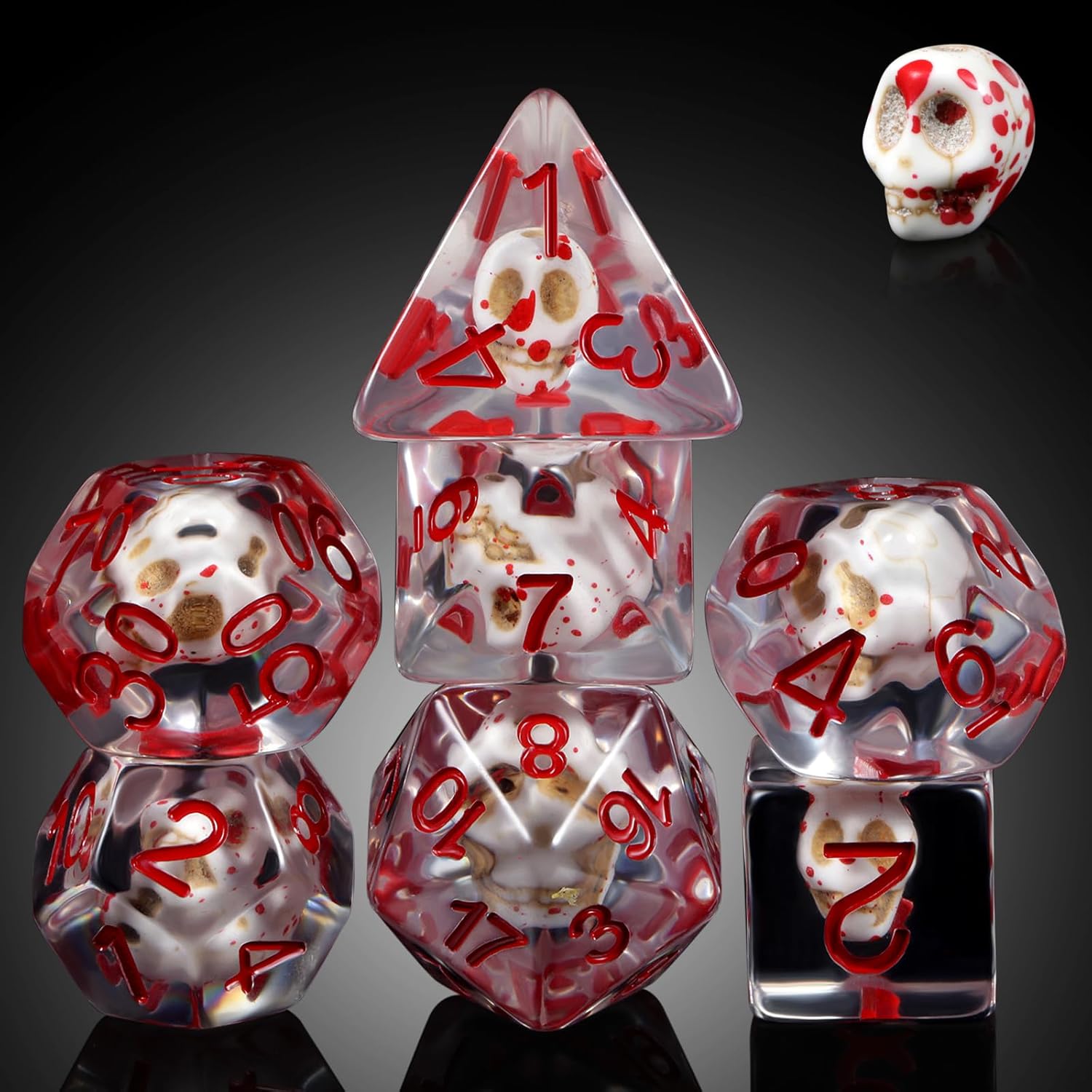 Dados DND de calavera de sangre, juego de dados de resina de calavera DNDND con bolsa de terciopelo para juegos de rol y juegos de mesa (Dungeons