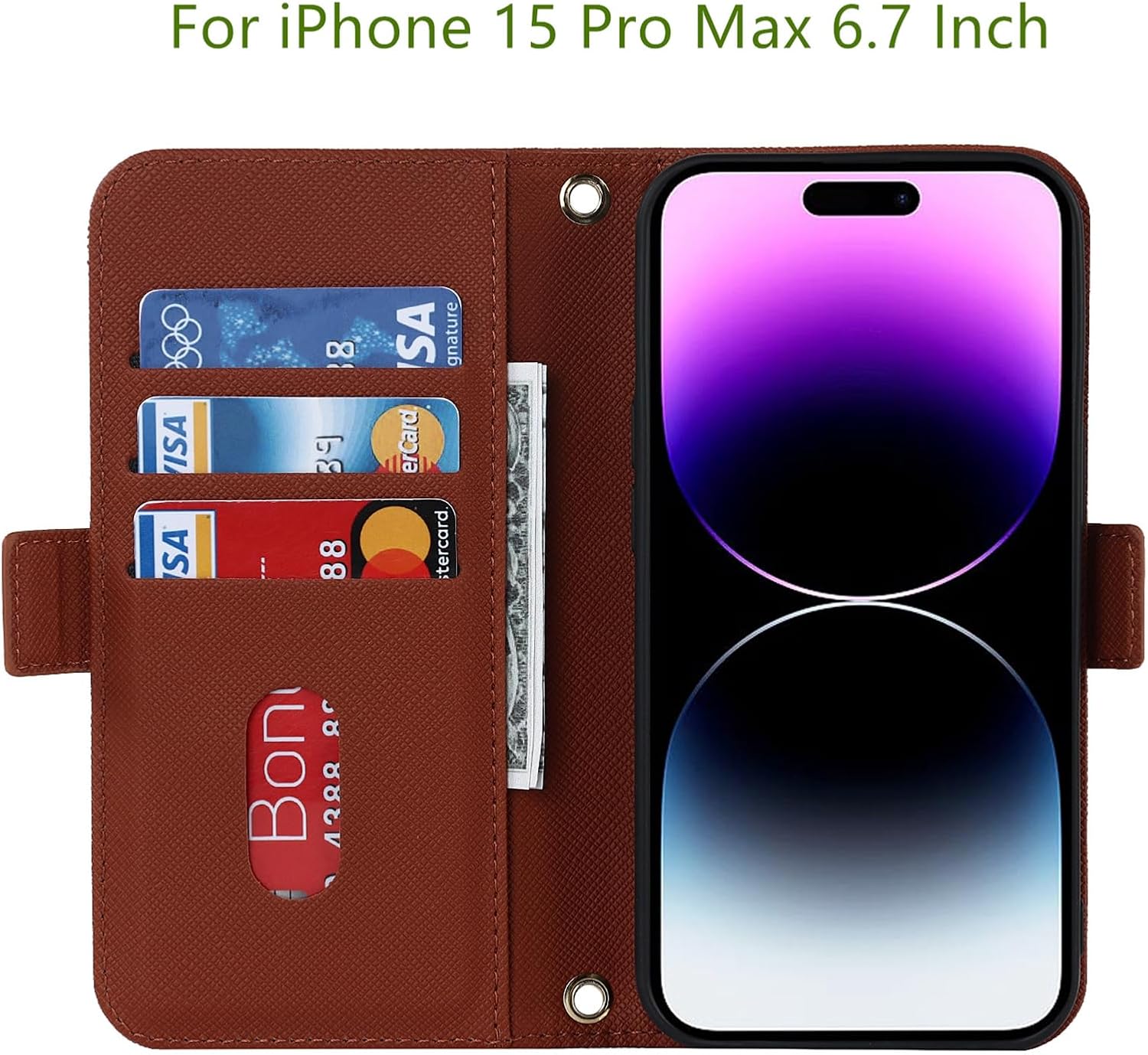 Jaorty Funda tipo cartera cruzada para iPhone 15 Pro Max con correa de cordón ajustable, soporte para tarjetas de crédito de 6.7 pulgadas, bolso de