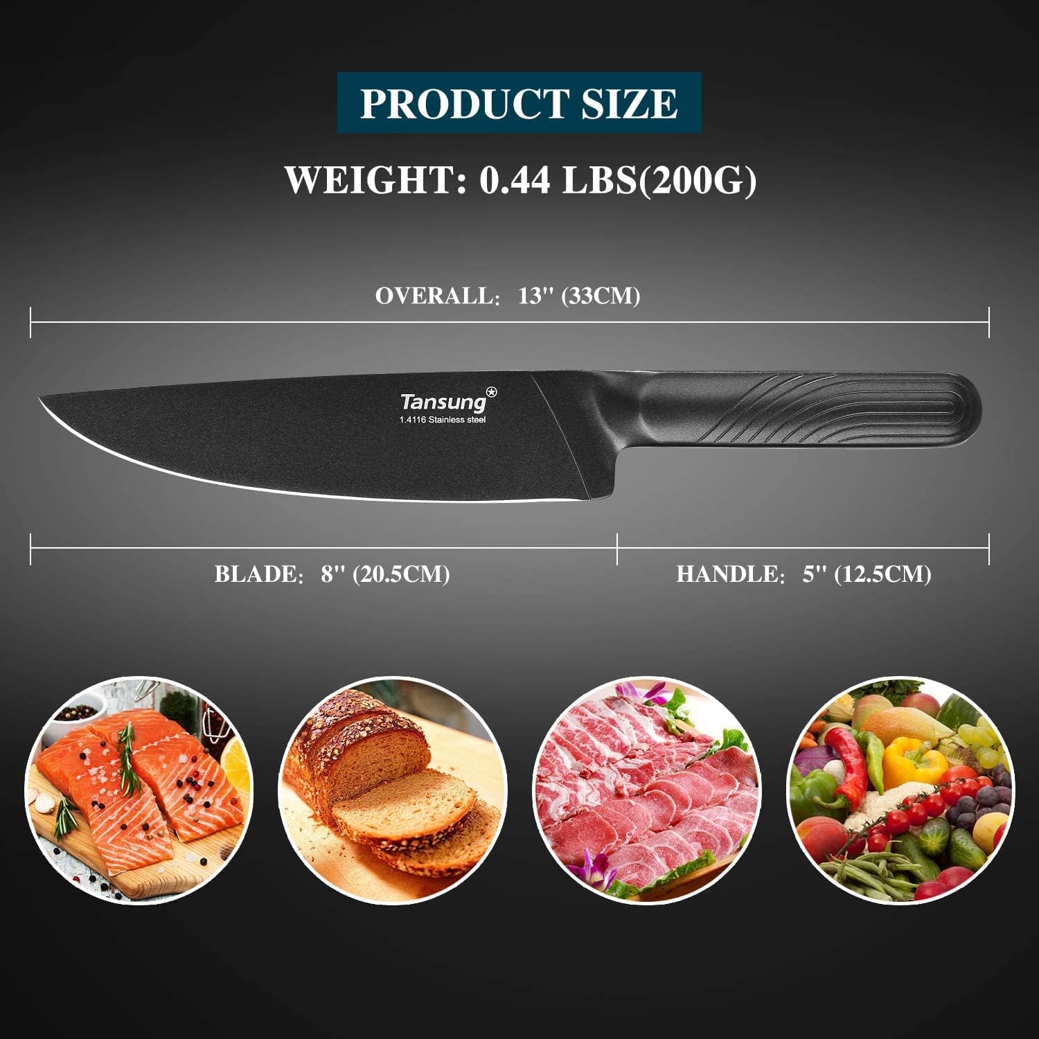 TANSUNG Cuchillo de chef, cuchillo de cocina profesional de 8 pulgadas, cuchillo de cocina de corte ultraafilado con hoja antiadherente de acero