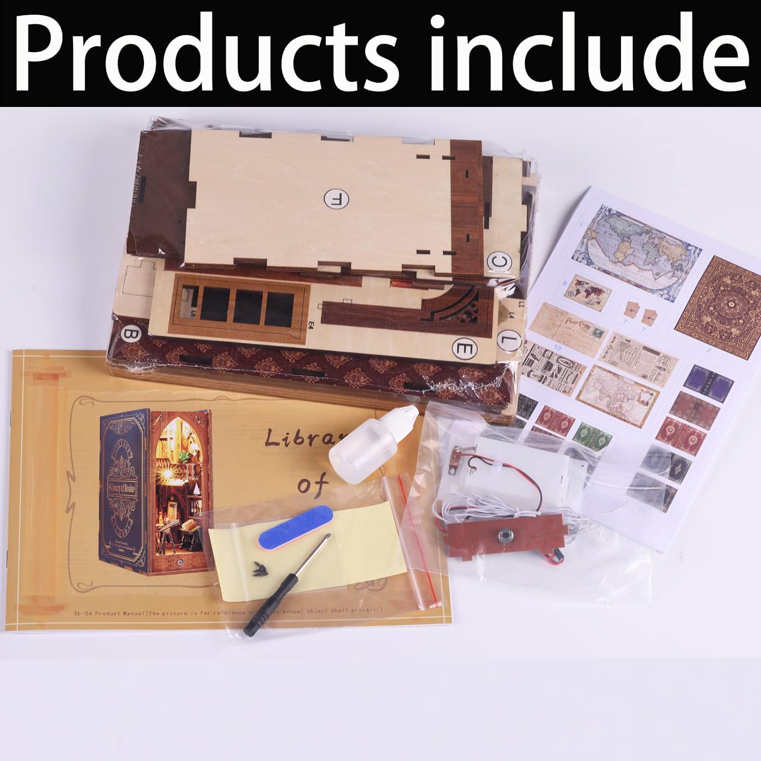 Kit de rincón de libros de biblioteca mágica de madera 3D, encantador inserto de estantería con LED táctil, decoración de sujetalibros de bricolaje,