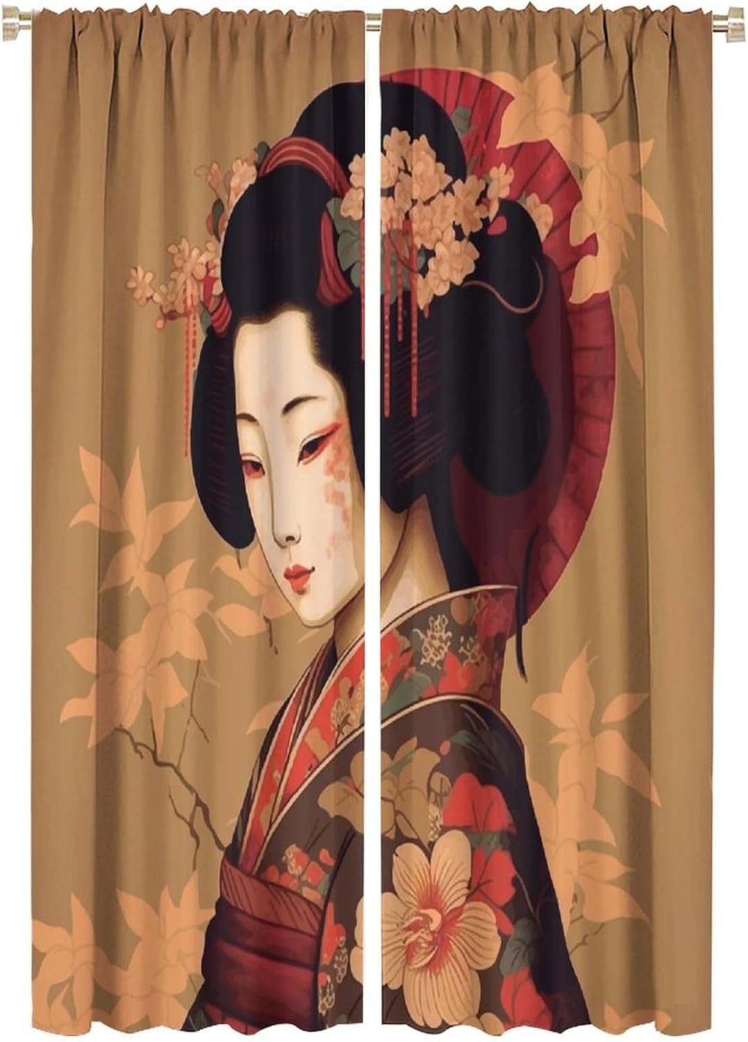 Cortina opaca japonesa de Geisha para niña, estilo tradicional con diseño de flor de cerezo, cortinas reductoras de ruido, bolsillo para barra, sala