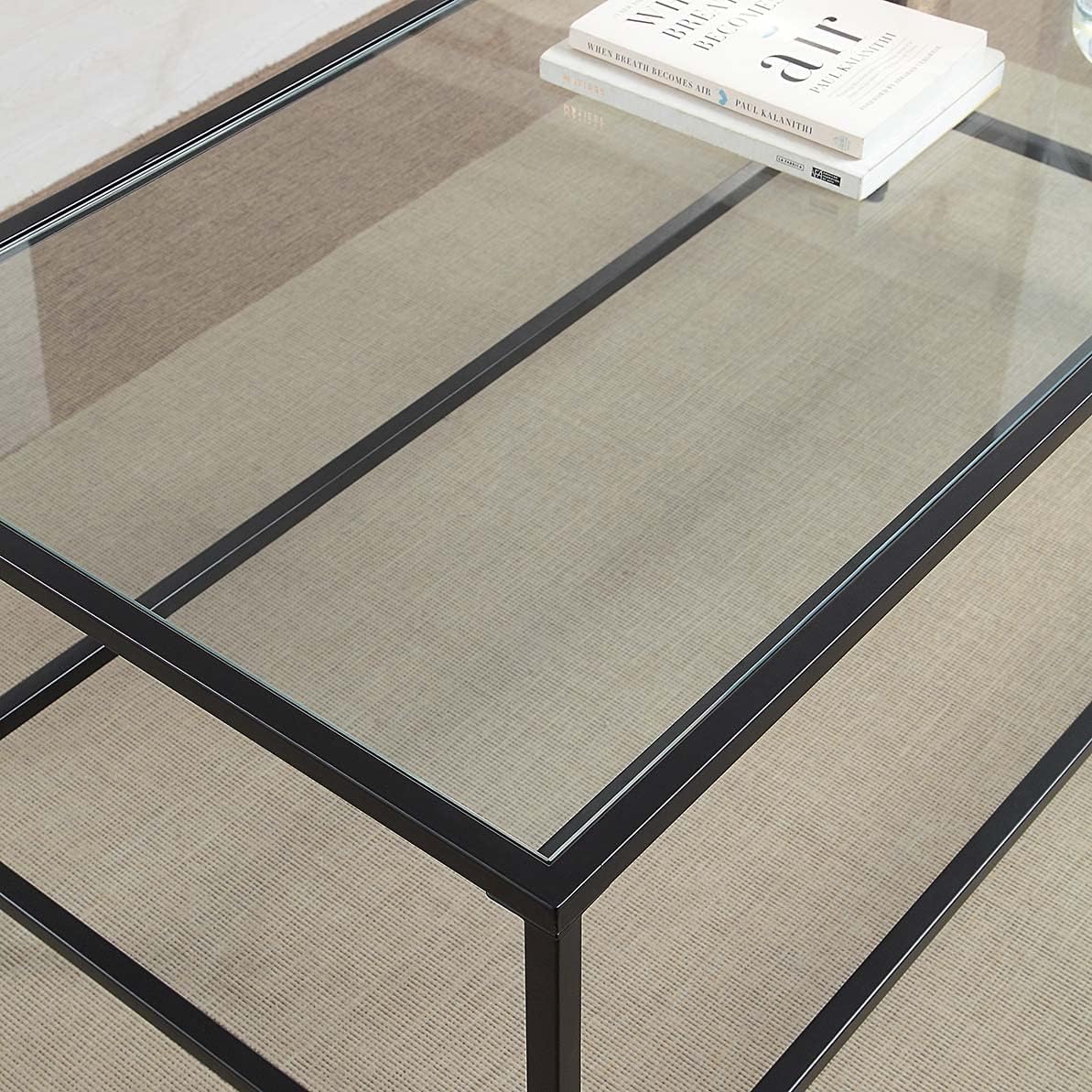 CAWS Mesa auxiliar negra de 22 pulgadas de ancho, mesa auxiliar rectangular de vidrio templado, mesita de noche, mesa minimalista moderna, 21.97
