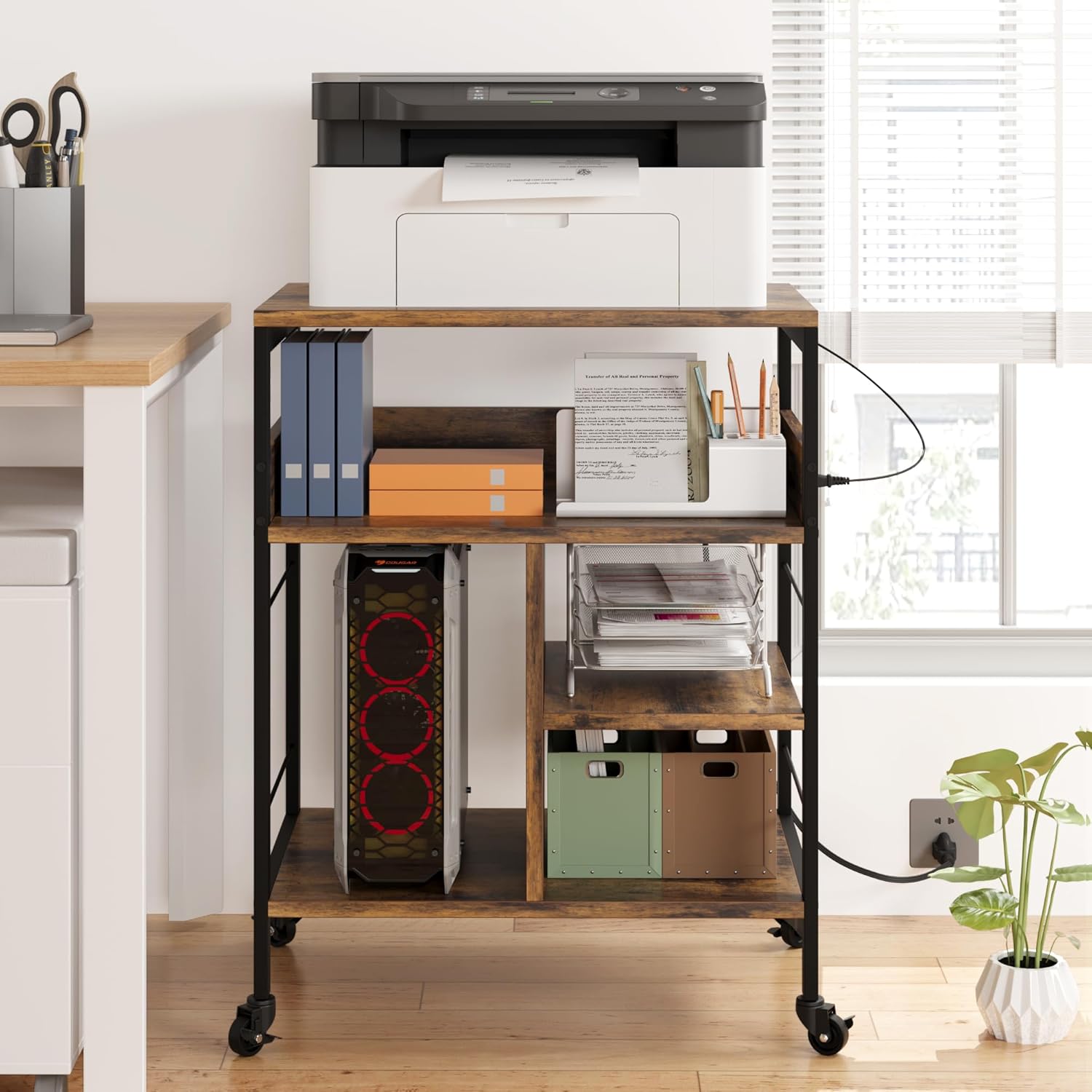 IDEALHOUSE Soporte de impresora grande con tomas de corriente y puertos de carga USB, mesa de impresora móvil con estante de almacenamiento, soporte