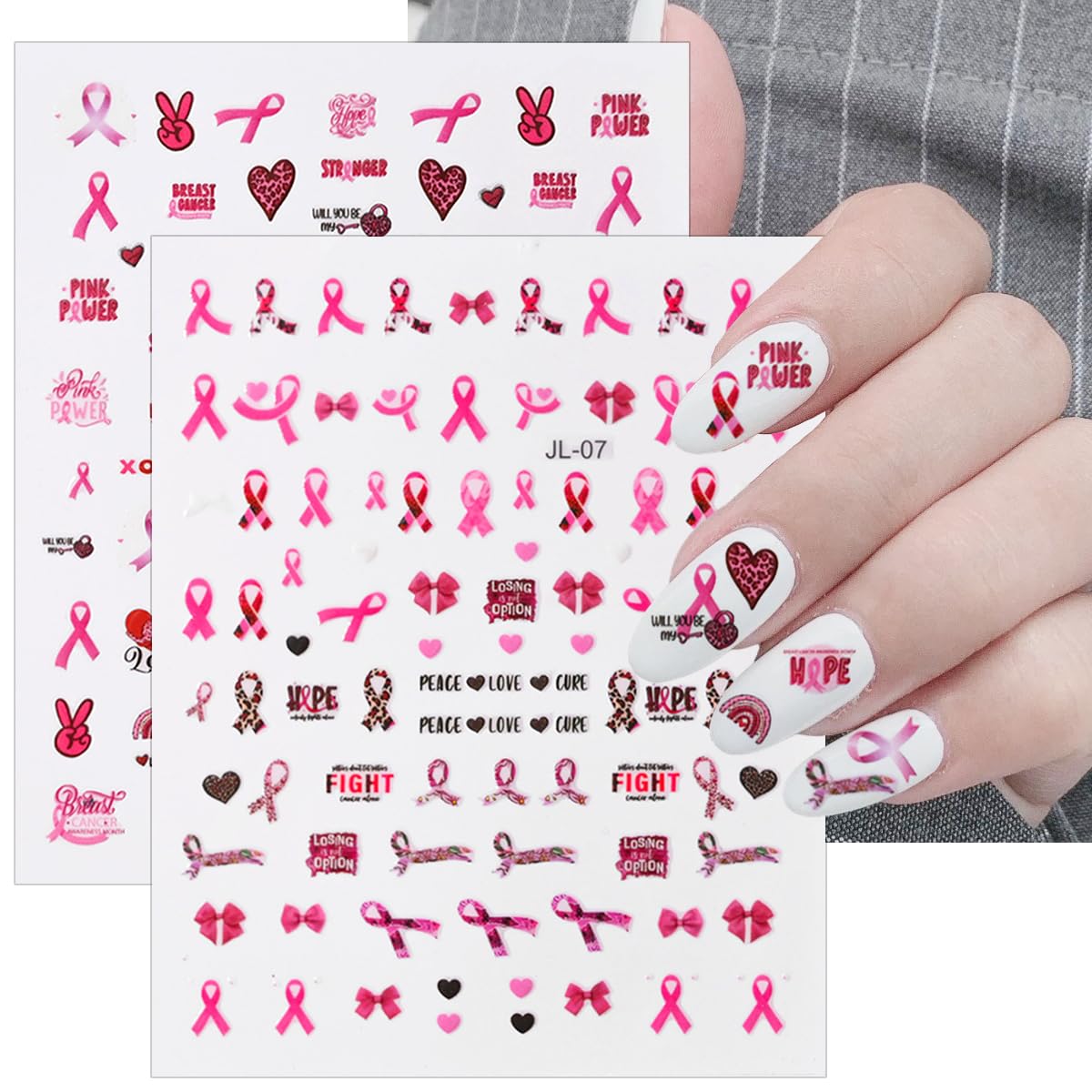 6 hojas de calcomanías para uñas de cáncer de mama, cinta rosa, 3D, autoadhesivas, concientización sobre el cáncer de mama, cinta rosa, calcomanías