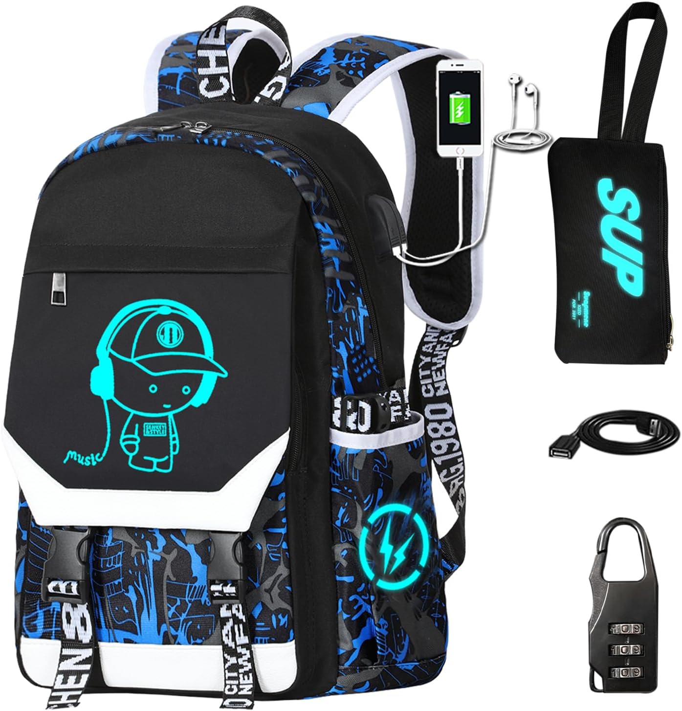 Mochila luminosa para niños, mochila para laptop de 15.6 pulgadas con EE. UU, Azul, Mochila luminosa