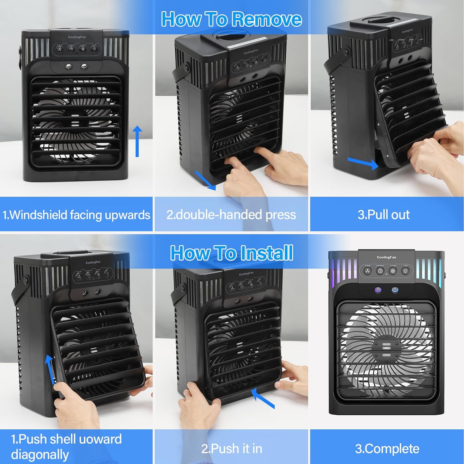 Aire acondicionado portátil, ventilador de refrigeración de 40.6 fl oz con control remoto, 3 velocidades de viento y 7 luces LED, 3 niebla fría y