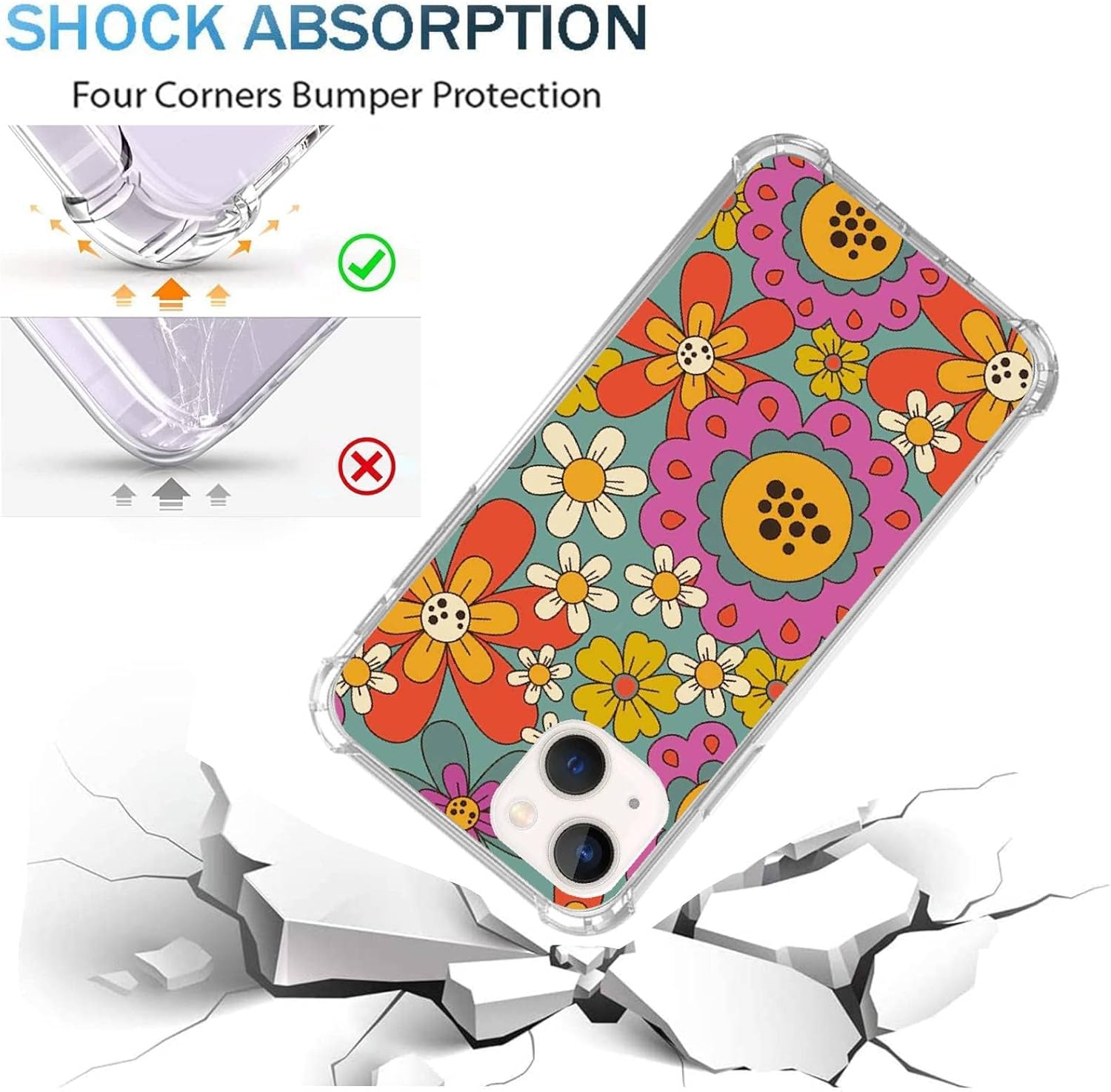 Wizeyake Hippie – Funda de teléfono con diseño floral colorido y colorido compatible con iPhone 14 Plus, funda floral retro para niñas y mujeres,