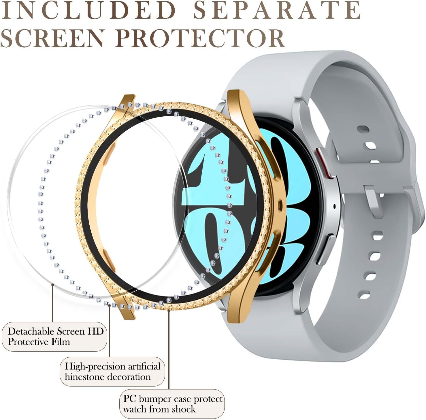 Paquete de 4 + 4 fundas brillantes para Samsung Galaxy Watch 6 y protector de pantalla de 1.575 pulgadas1.732 pulgadas, vidrio templado antivaho y