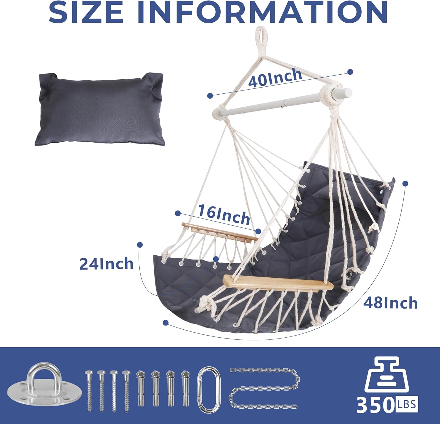 Hammock Chair Hanging Swing with Wooden ArmrestsSteel Spreader Bar,Pillows,Hardware kit IncludedCotton Woven FabricUp to 350 Lbs,for Indoor or