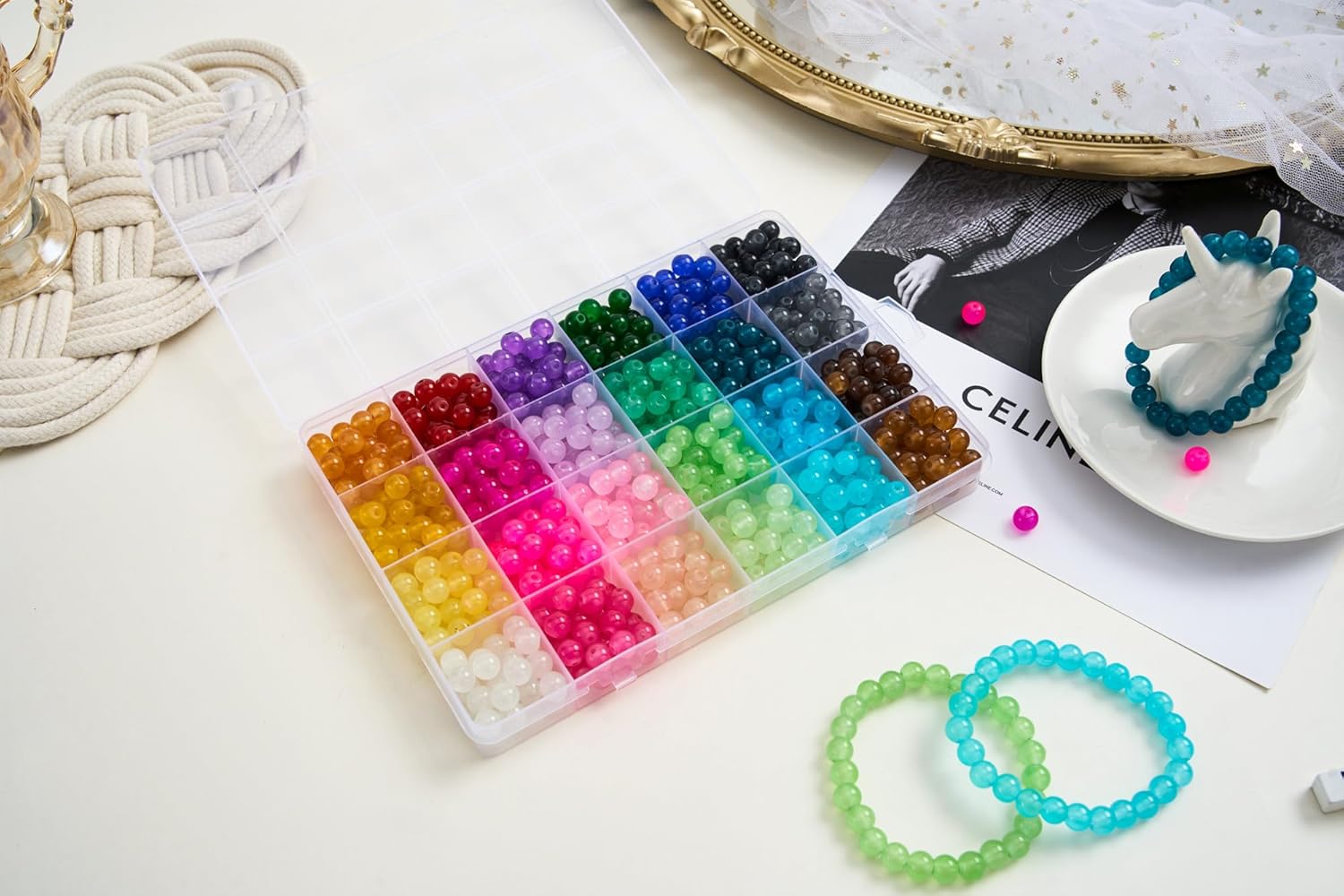 2 Pack More Than 1300PCS Round Glass Beads for Jewelry Making,48 Colors 8mm Crystal Beads for Bracelets Jewelry Making and DIY Crafts, 2 Box Round