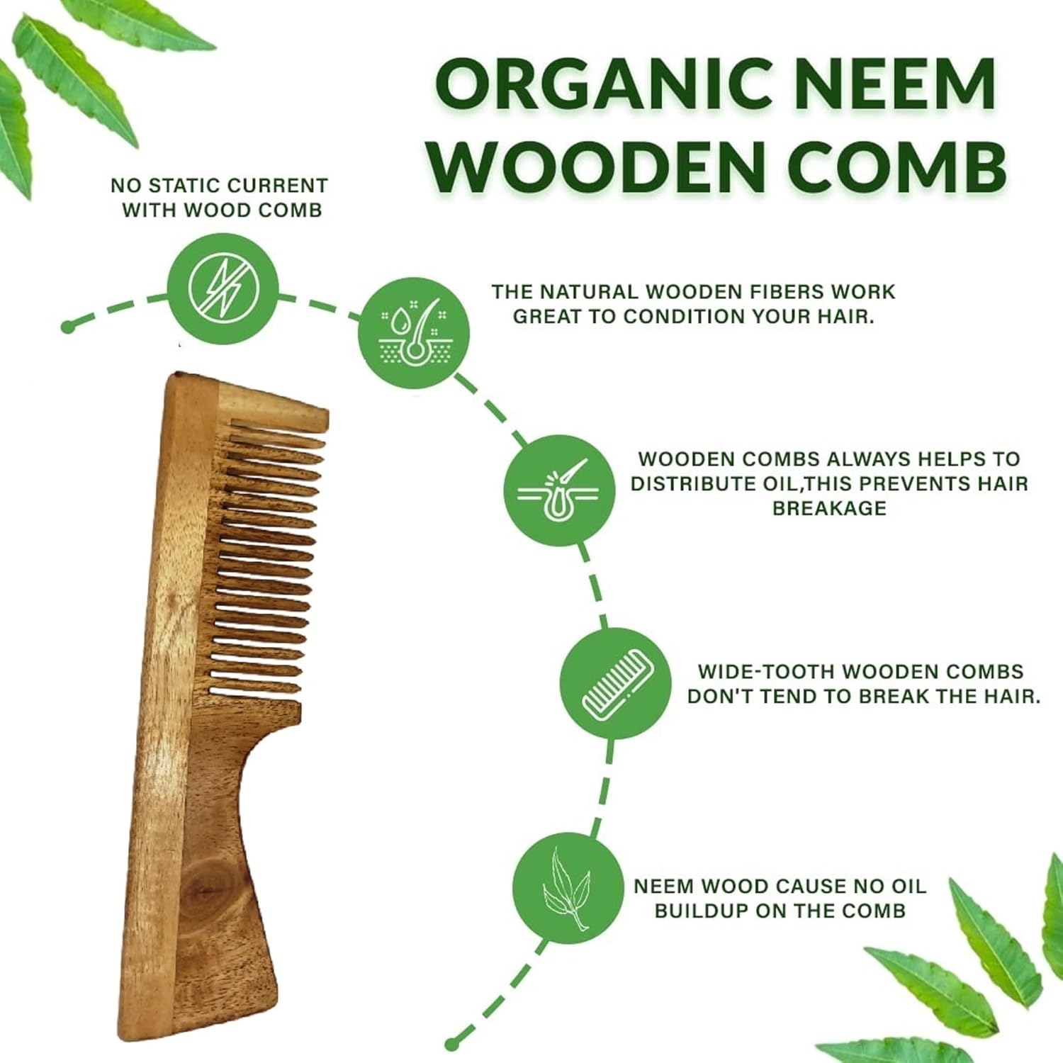 Peine de madera Neem 100% puro y natural que promueve el crecimiento del cabello, reduce la caída del cabello y controla la caspa de dientes anchos