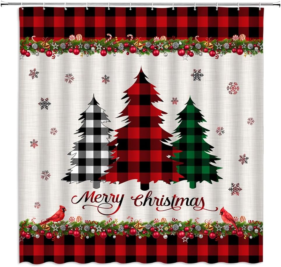 Cortina de ducha de árbol de Navidad, diseño de búfalo rojo, a cuadros, copos de nieve, invierno, vacaciones, juego de cortina de baño con ganchos