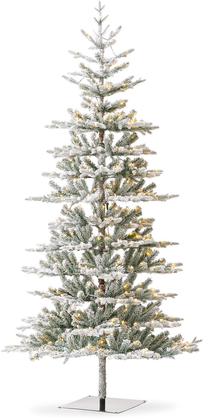 glitzhome Árbol de Navidad artificial de abeto flocado de lujo de 8 pies, árbol de Navidad con bisagras con 450 luces blancas cálidas, tres
