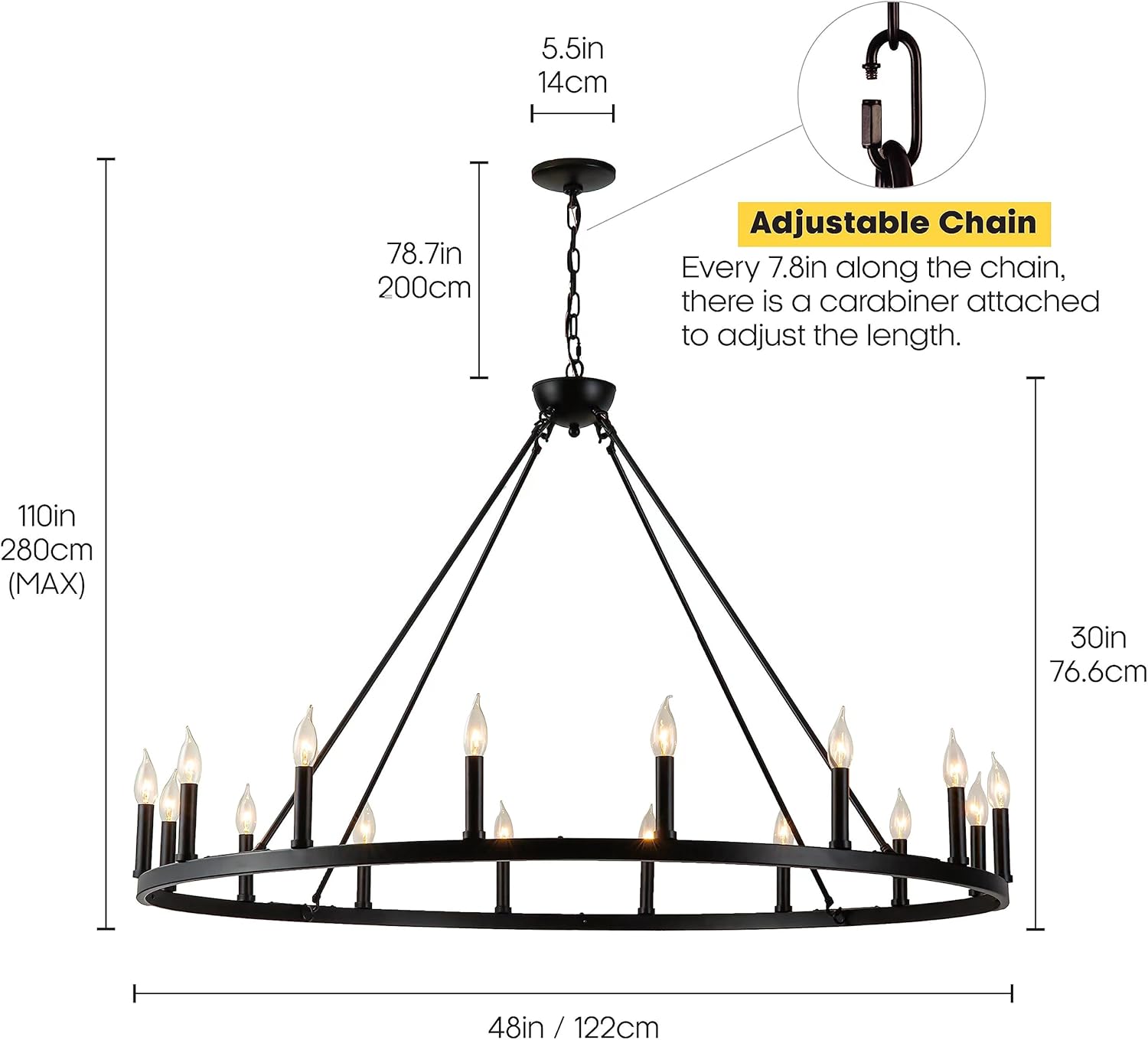 Lámpara de araña negra de 16 luces con ruedas de carro, lámpara de granja grande, iluminación rústica redonda, lámpara de granja