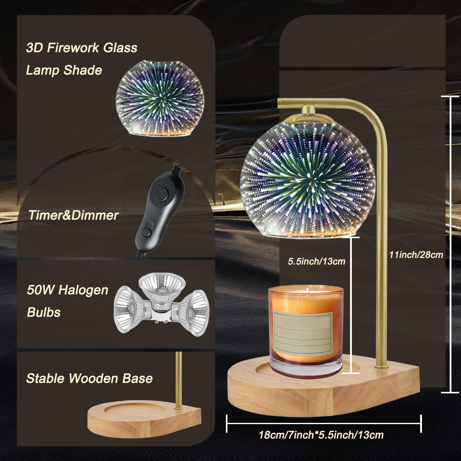Lámparas de cristal 3D con 3 bombillas regulables, temporizador con 1H2H4H, compatible con velas pequeñas y grandes, pantalla de vidrio de fuegos